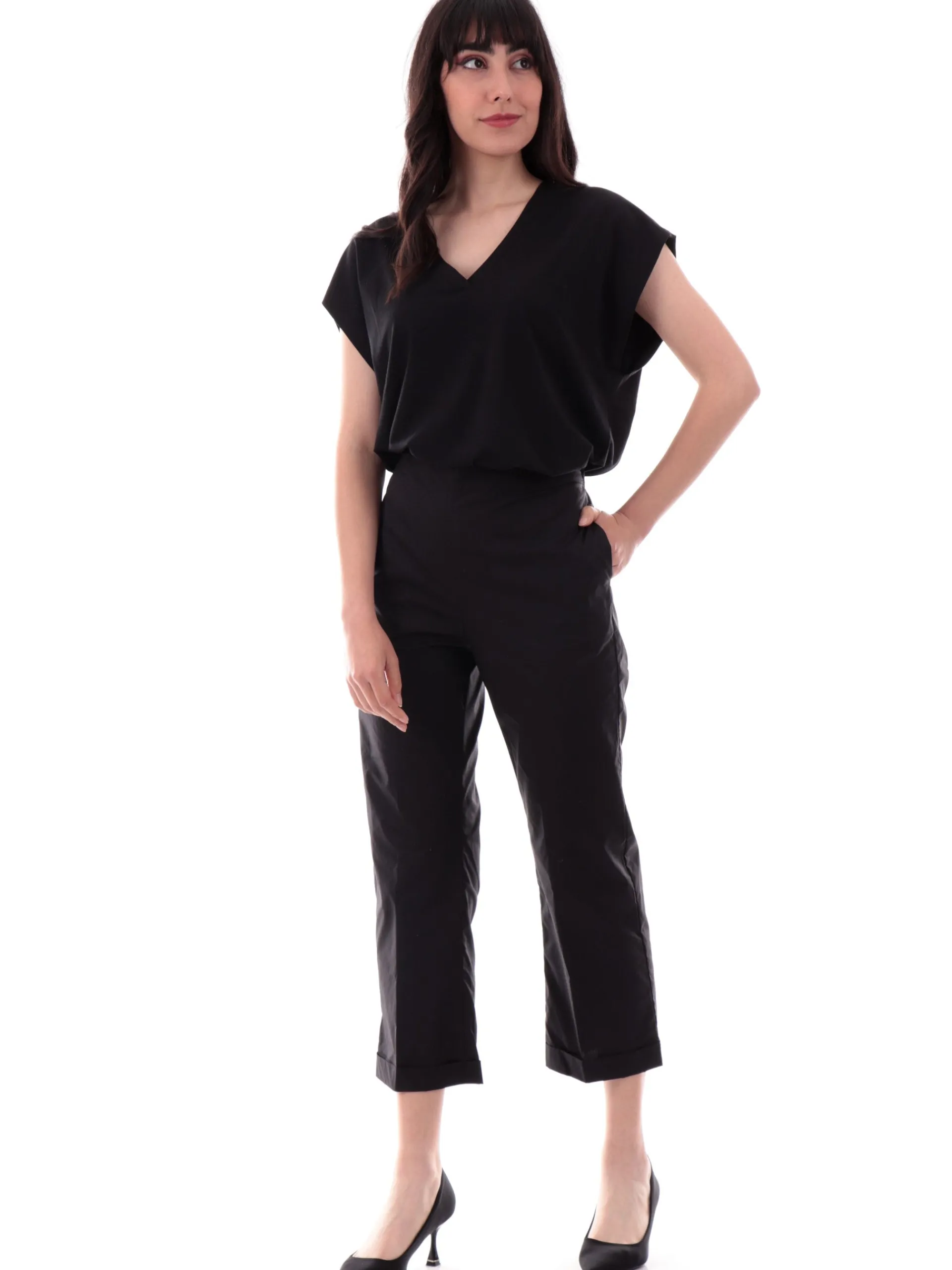 ANIS Maglie*Maglia nera scollo a V da donna maniche aletta 251C1113