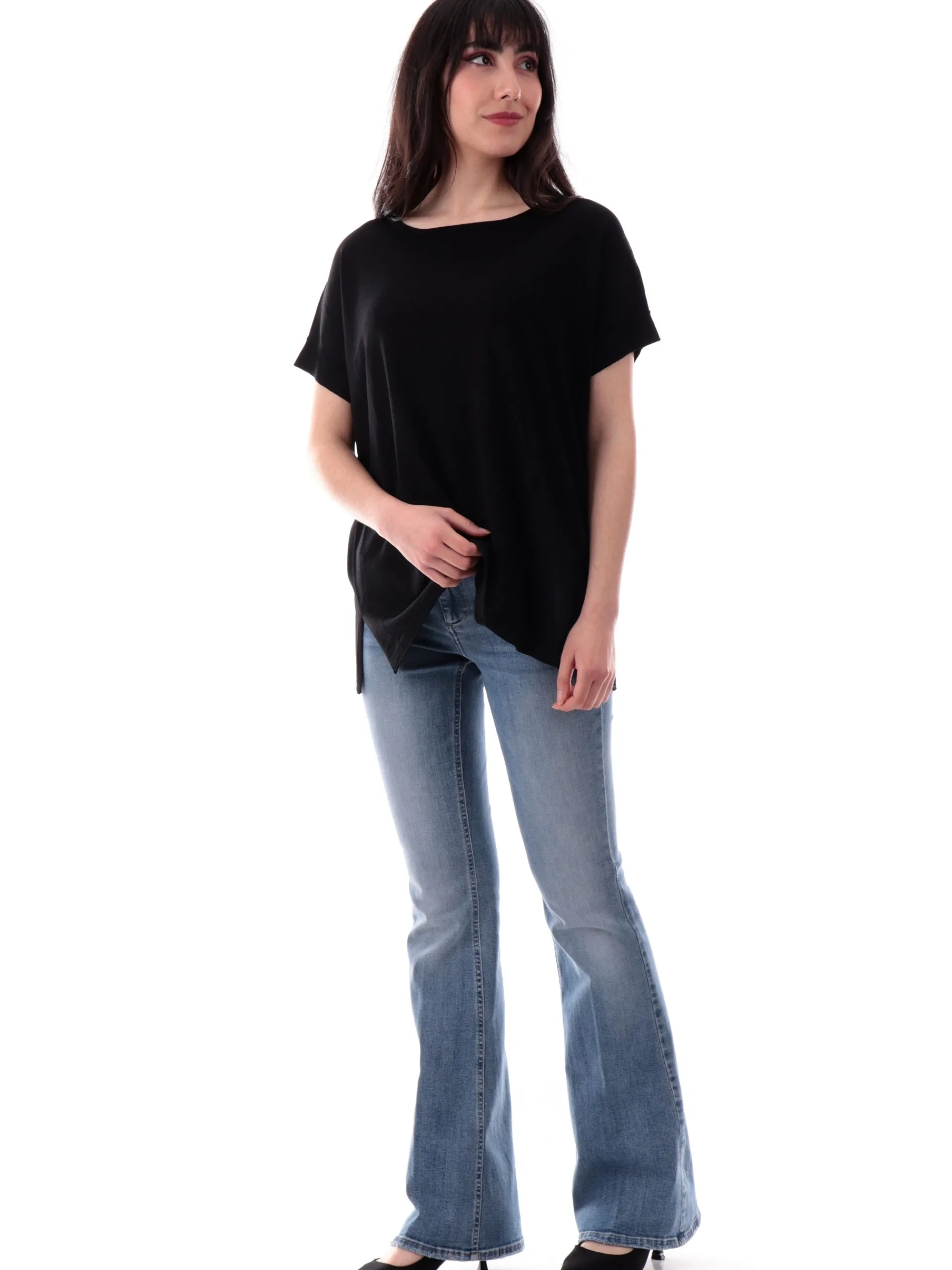 ANIS Maglie*Maglia nera scollo a barca da donna maniche kimono 251W6090