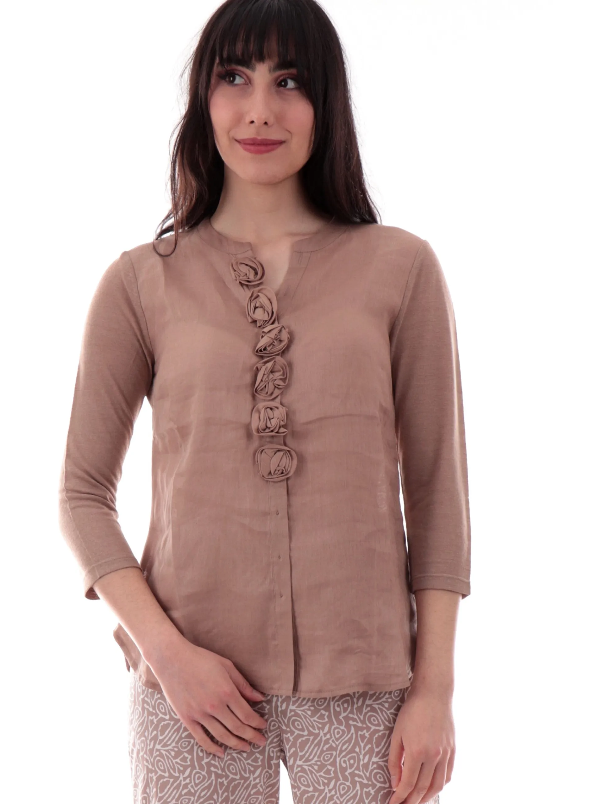ANIS Maglie*Maglia White beige scollo a V roselline in lino maniche tre quarti 251C1510 049