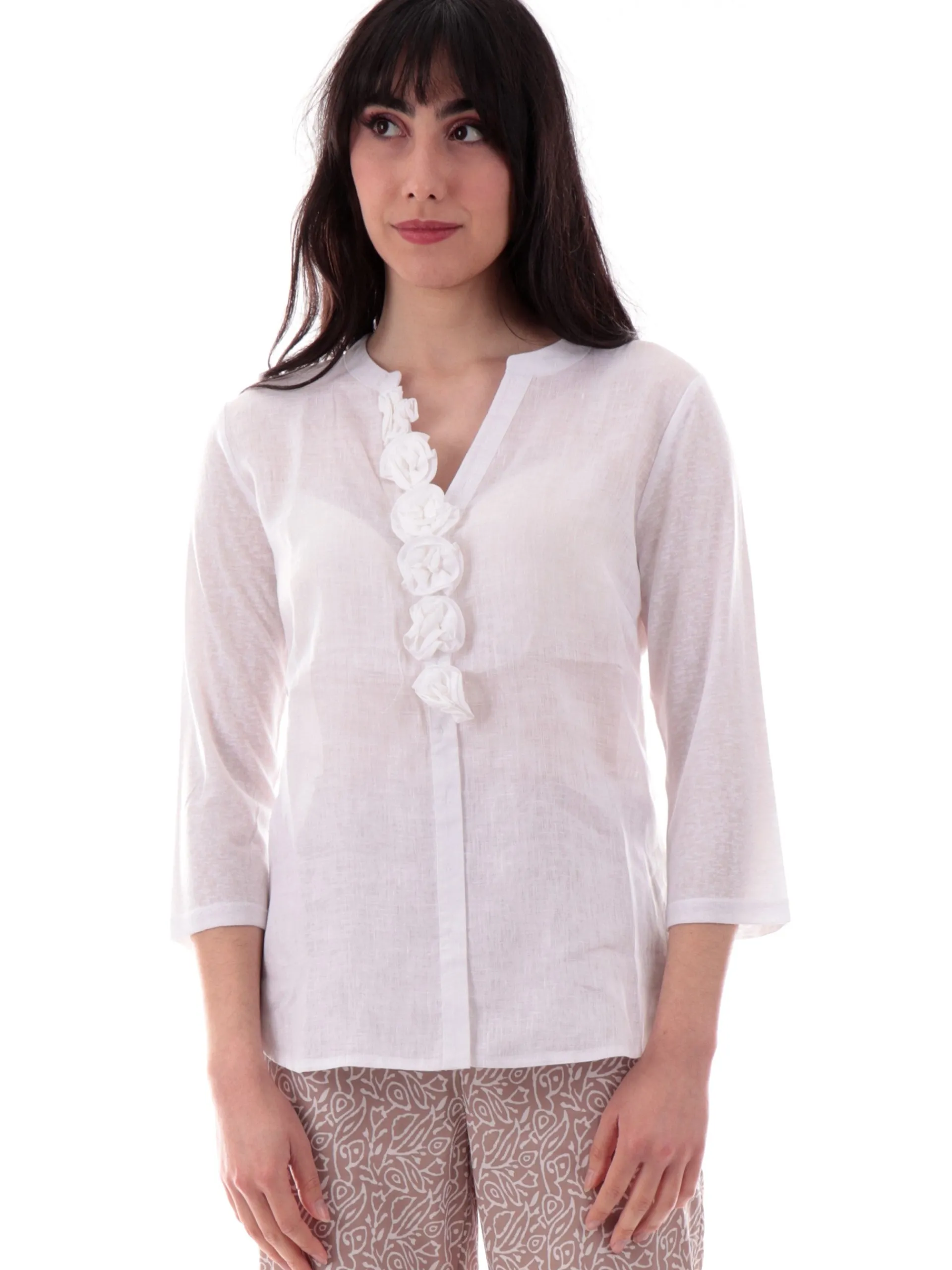 ANIS Maglie*Maglia White bianca scollo a V roselline in lino maniche tre quarti 251C1510 001
