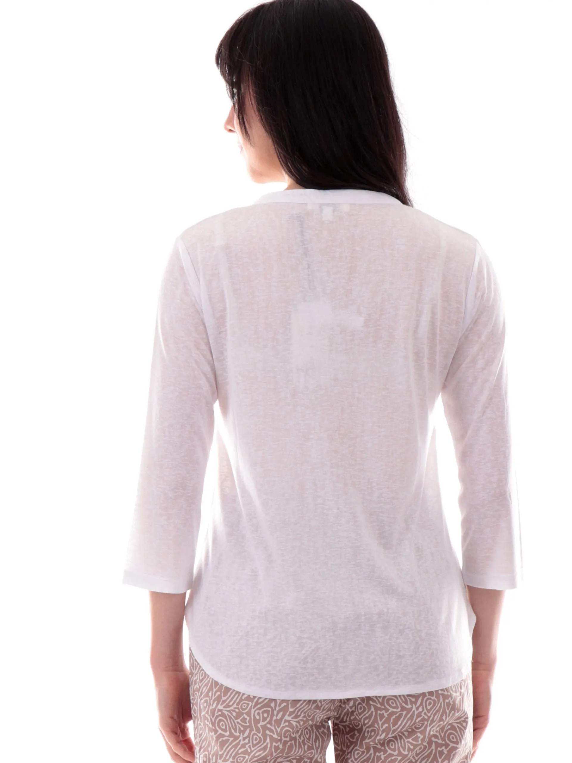 ANIS Maglie*Maglia White bianca scollo a V roselline in lino maniche tre quarti 251C1510 001