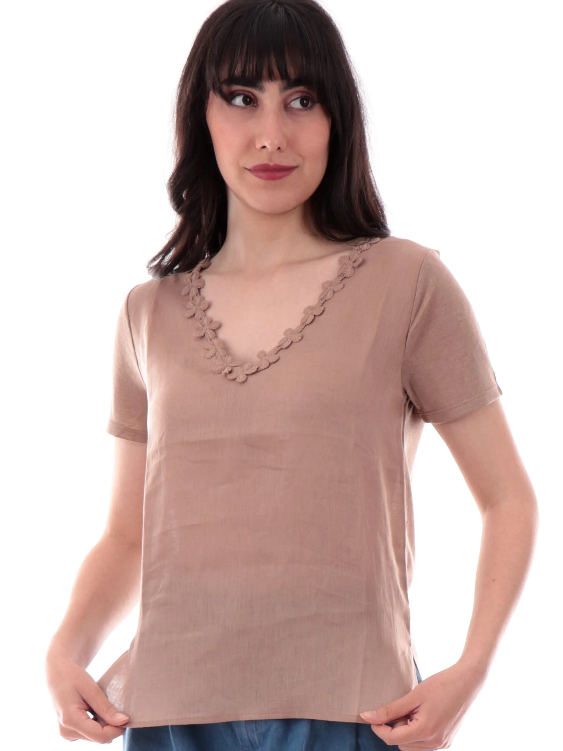 ANIS Maglie*Maglia White lino marrone scollo a V da donna con fiori ricamati 251C1526