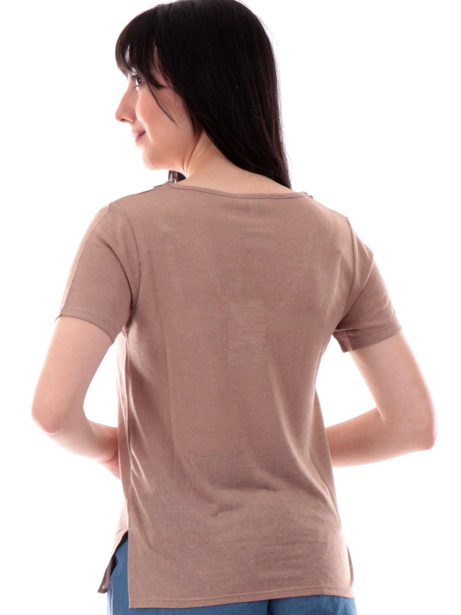 ANIS Maglie*Maglia White lino marrone scollo a V da donna con fiori ricamati 251C1526