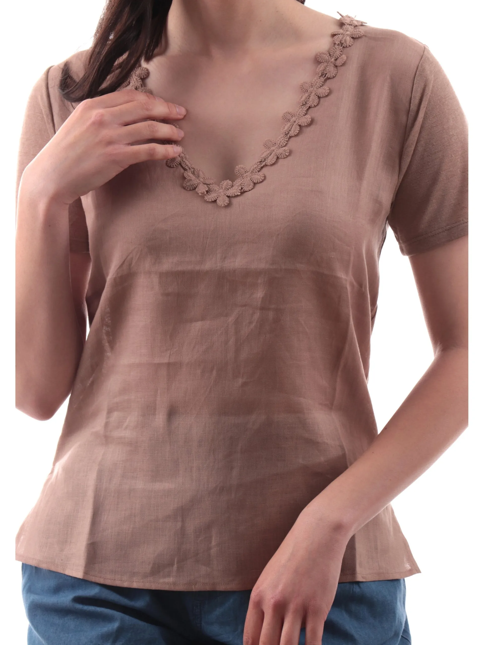 ANIS Maglie*Maglia White lino marrone scollo a V da donna con fiori ricamati 251C1526