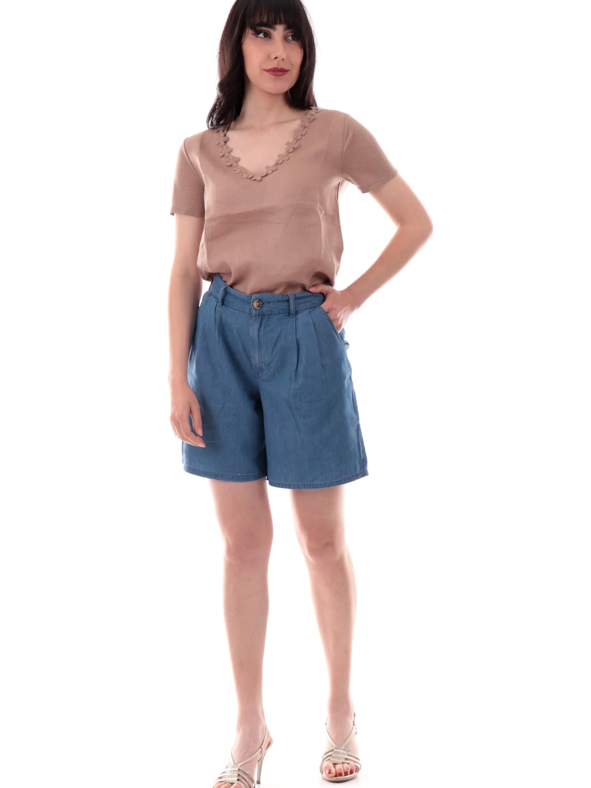 ANIS Maglie*Maglia White lino marrone scollo a V da donna con fiori ricamati 251C1526