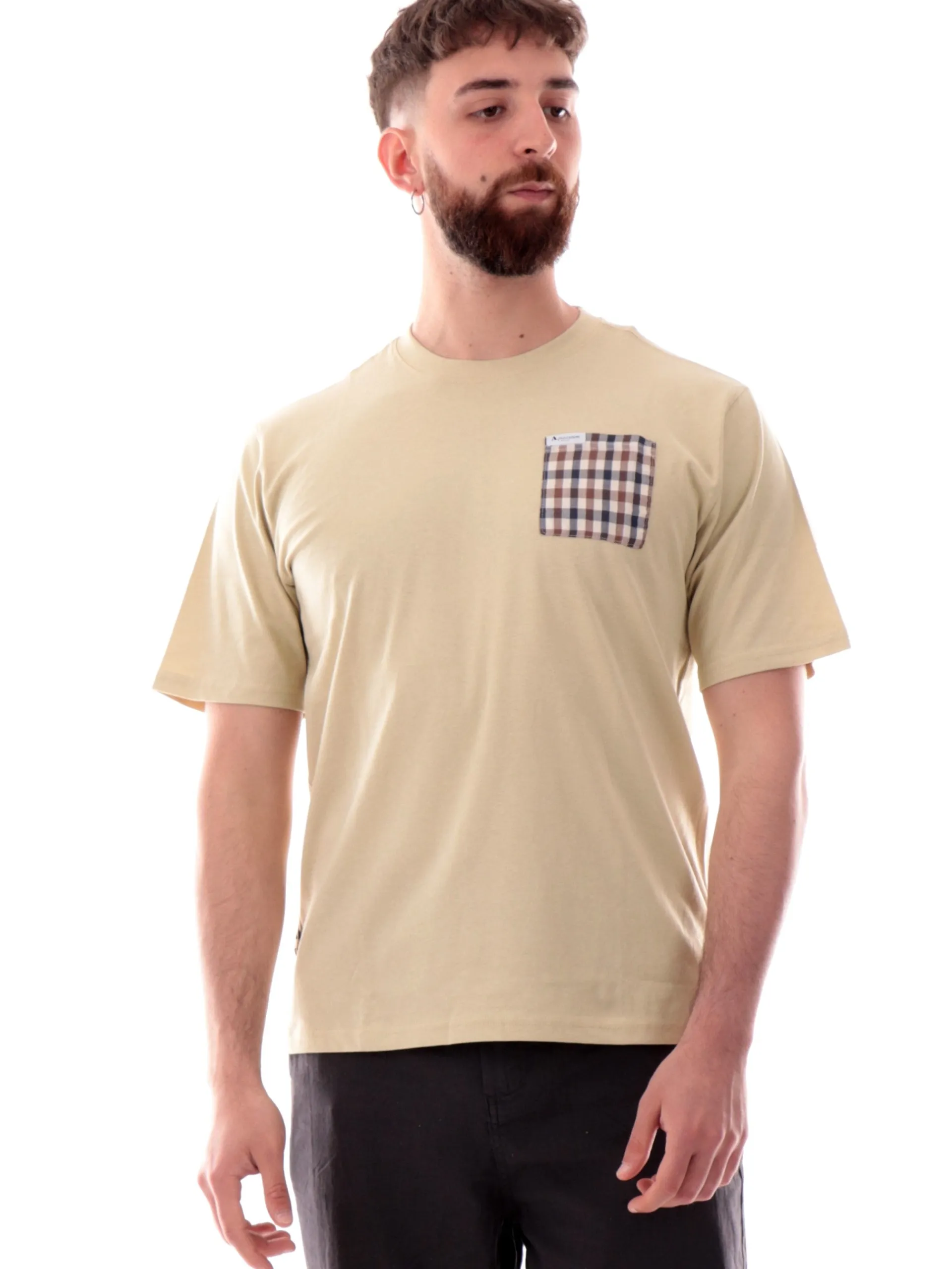 AQUASCUTUM T-Shirt*Maglia beige da uomo con taschino a quadri AAB005TS007