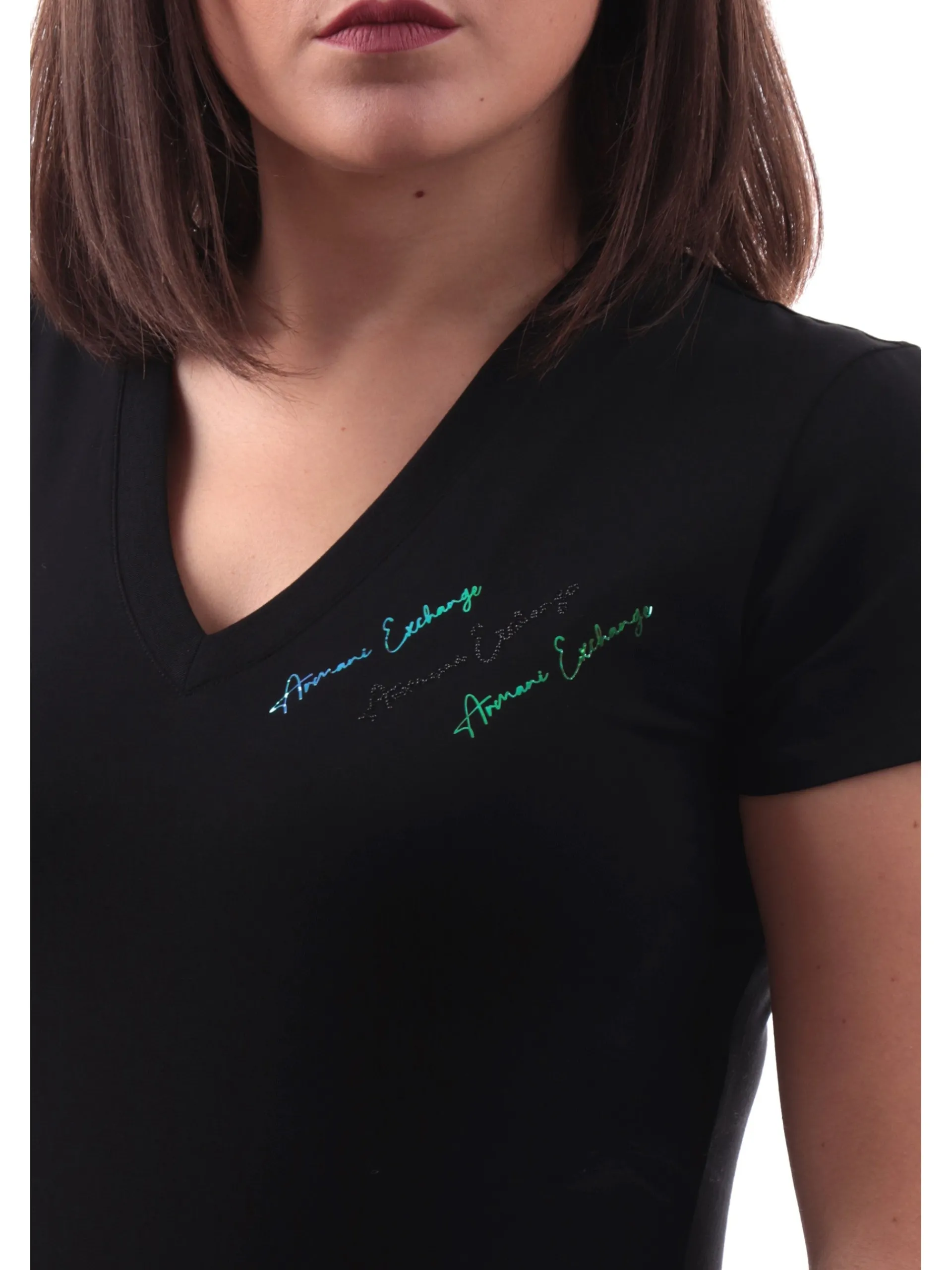 ARMANI EXCHANGE T-Shirt*Maglia AX nera scollo a V da donna logo AX con strass XW000600AF10355