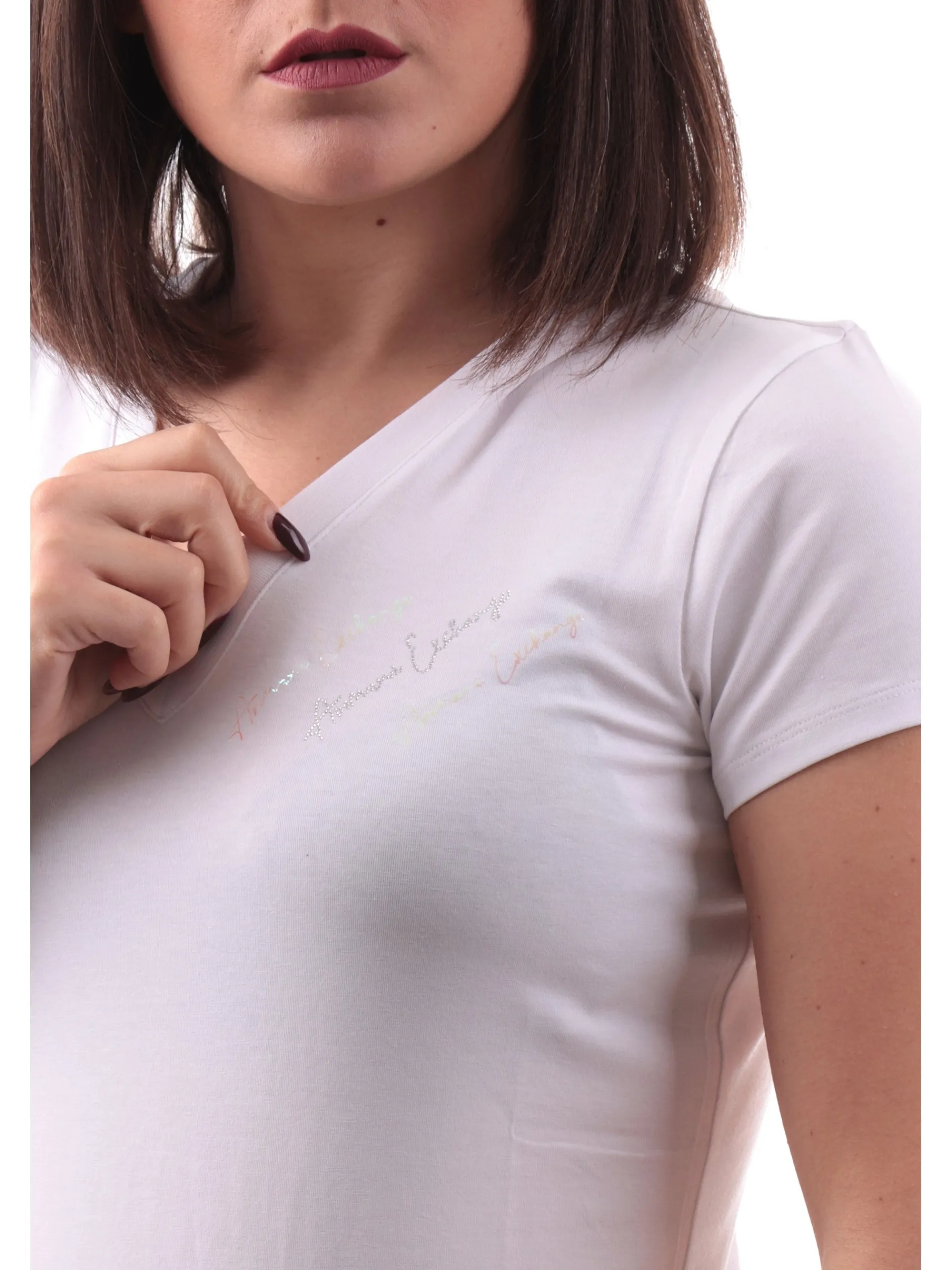 ARMANI EXCHANGE T-Shirt*Maglia AX bianca scollo a V da donna logo AX con strass XW000600AF10355