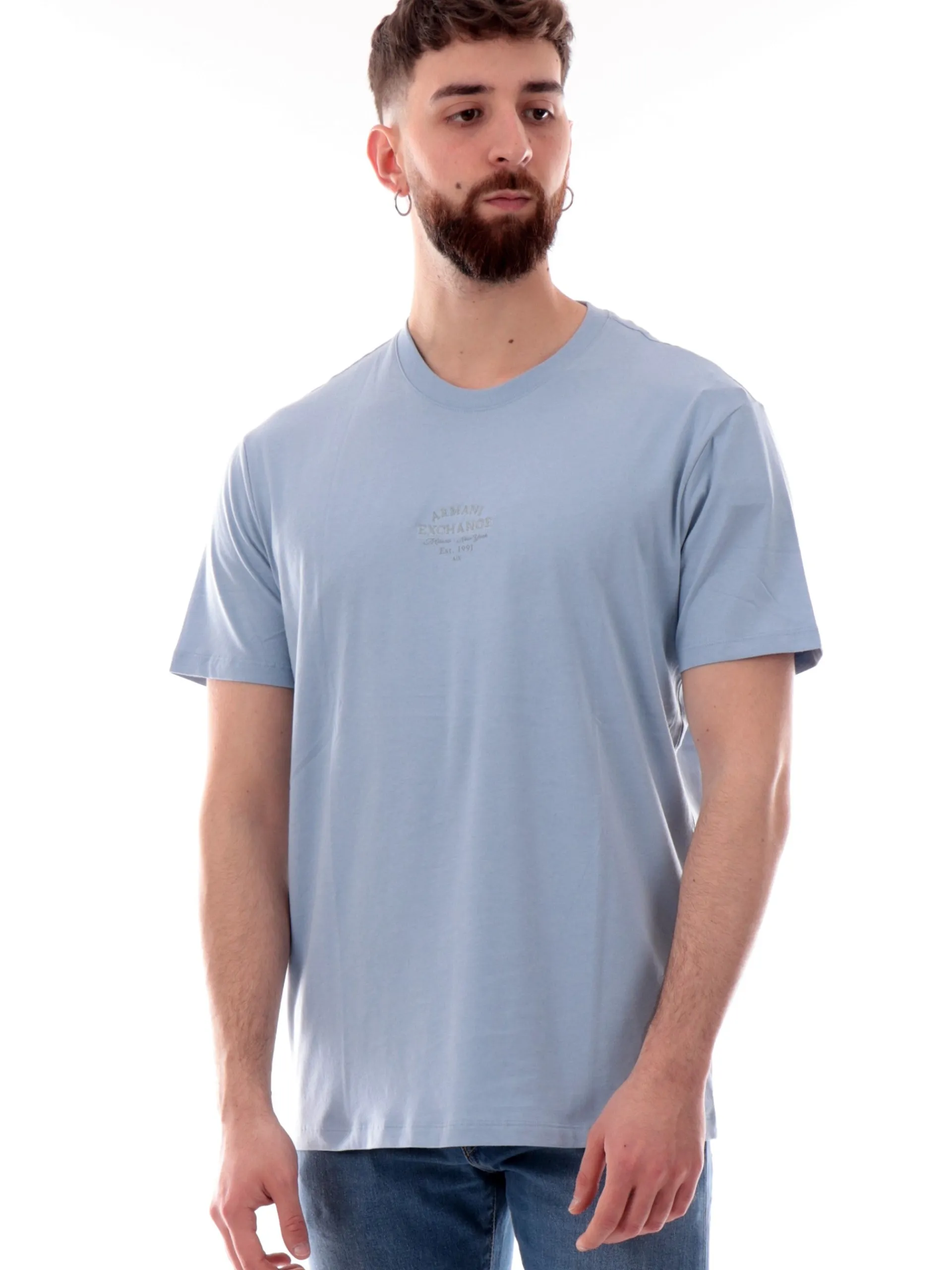 ARMANI EXCHANGE T-Shirt*Maglia AX celeste da uomo logo Armani ricamato XM000761AF12308