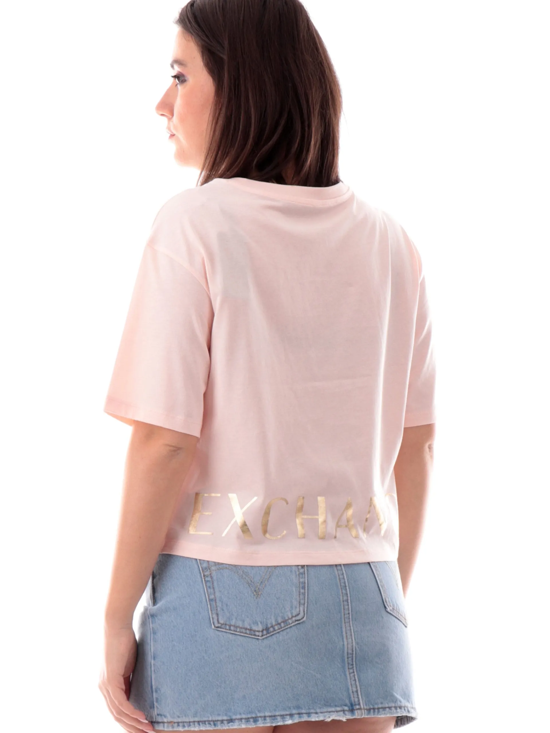 ARMANI EXCHANGE T-Shirt*Maglia AX rosa vestibilità morbida da donna logo Armani con glitter XW001699AF1035