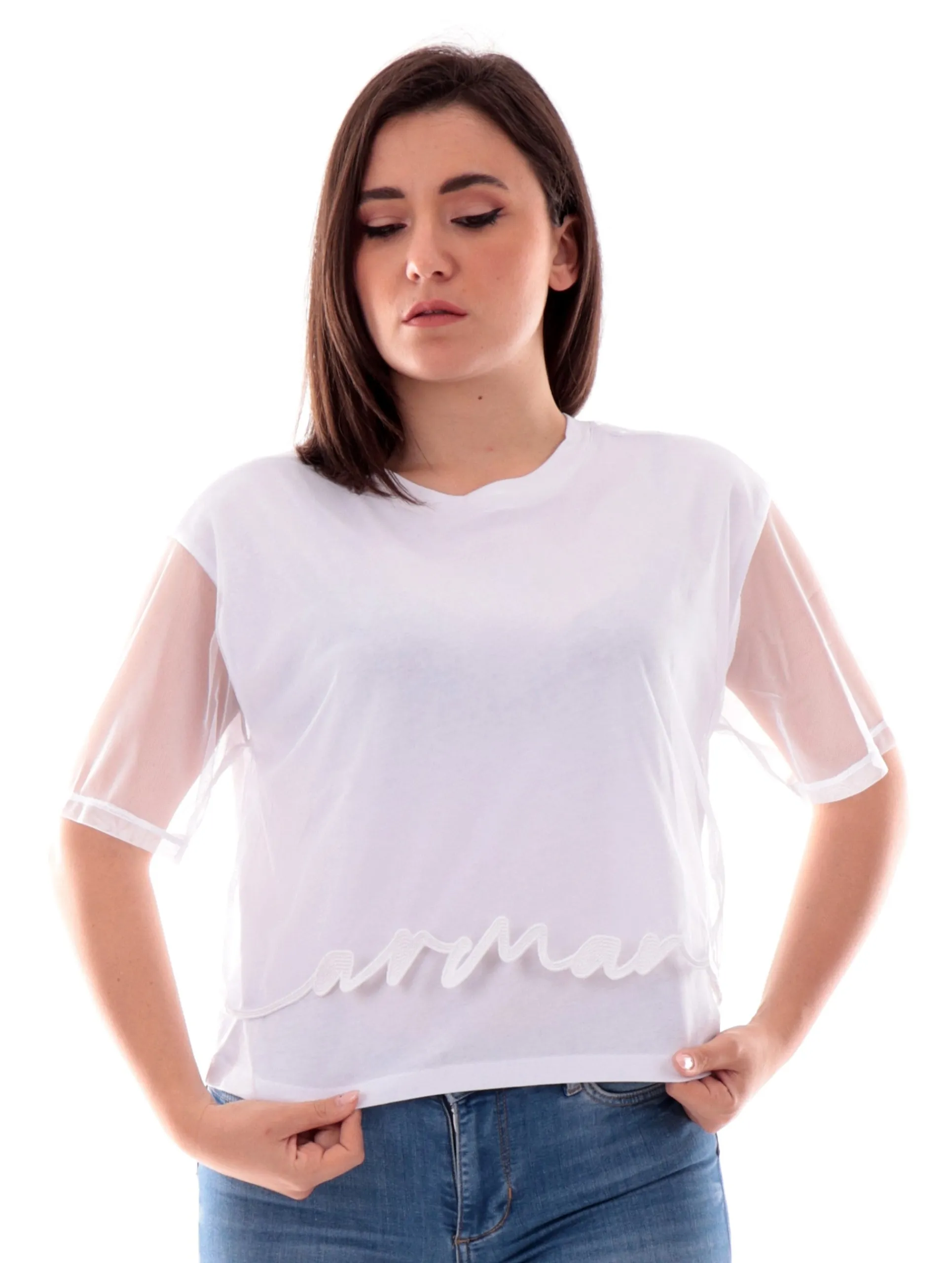 ARMANI EXCHANGE T-Shirt*Maglia AX bianca inserti pizzo con logo ricamato da donna XW000541AF10359 U0002