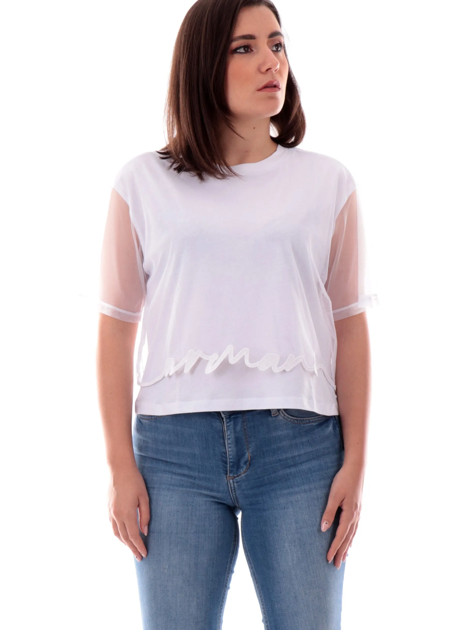 ARMANI EXCHANGE T-Shirt*Maglia AX bianca inserti pizzo con logo ricamato da donna XW000541AF10359 U0002