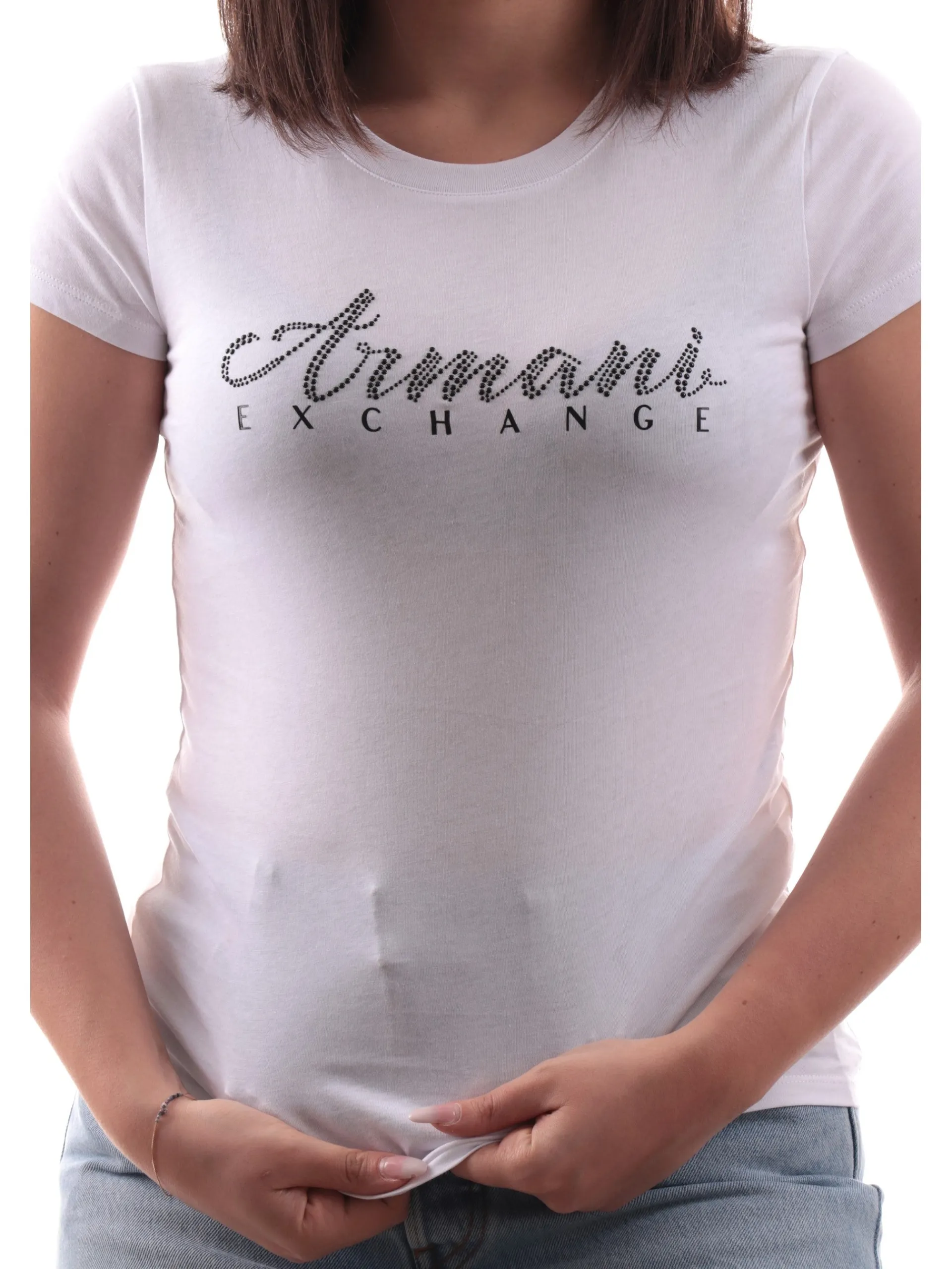 ARMANI EXCHANGE T-Shirt*Maglia AX bianca da donna logo nero con strass 8NYT91YJG3Z