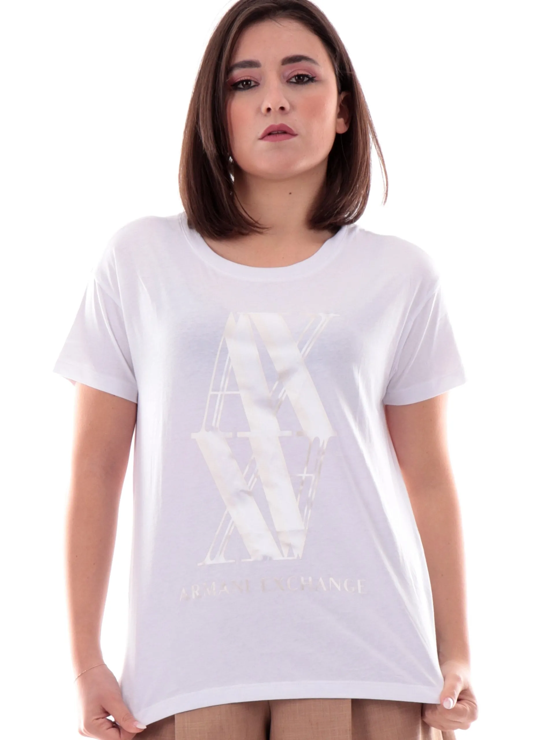 ARMANI EXCHANGE T-Shirt*Maglia AX bianca da donna maxi logo AX dorato XW000515AF10359