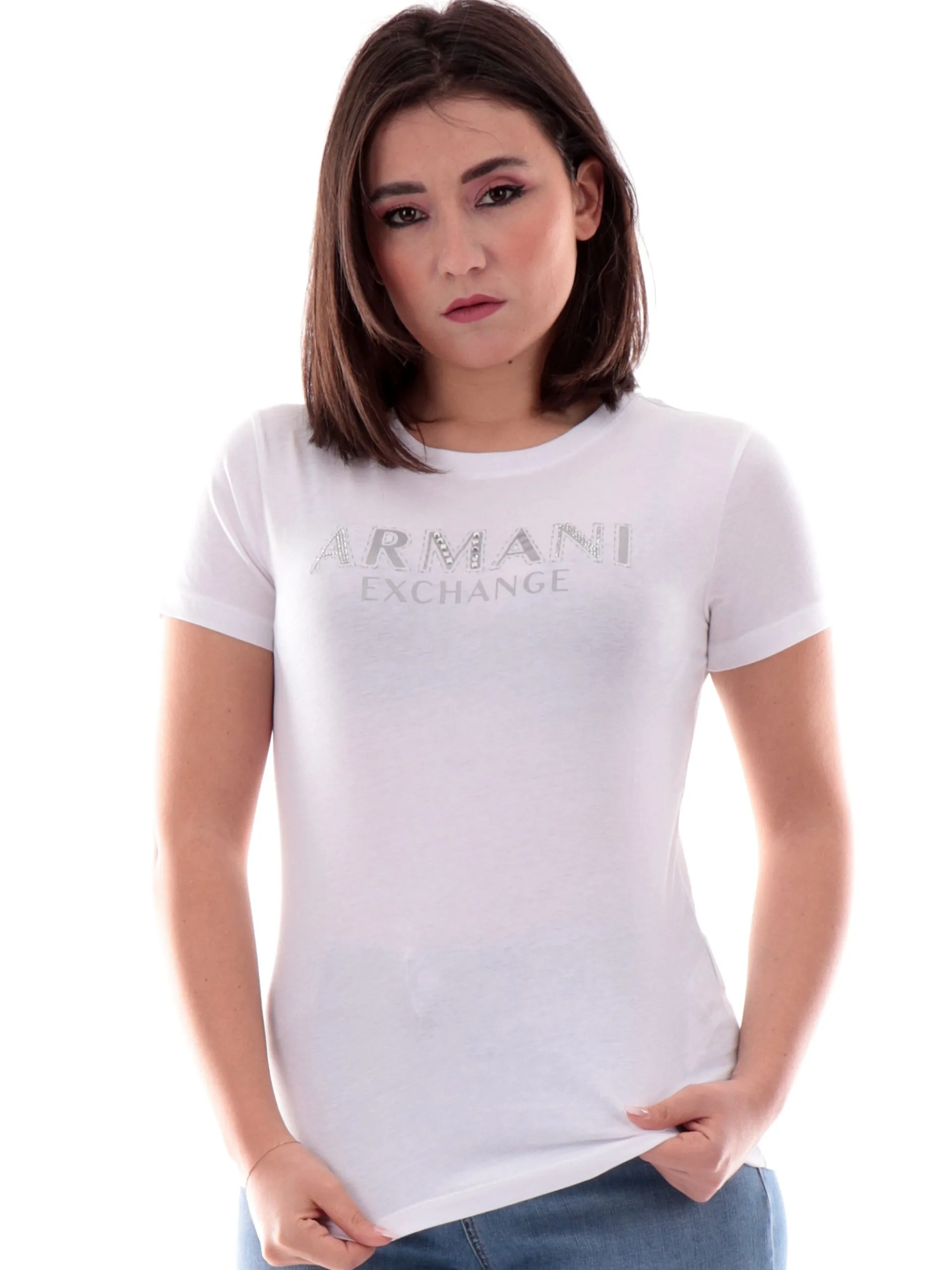 ARMANI EXCHANGE T-Shirt*Maglia AX bianca da donna con strass e glitter XW000387AF10354 U0002