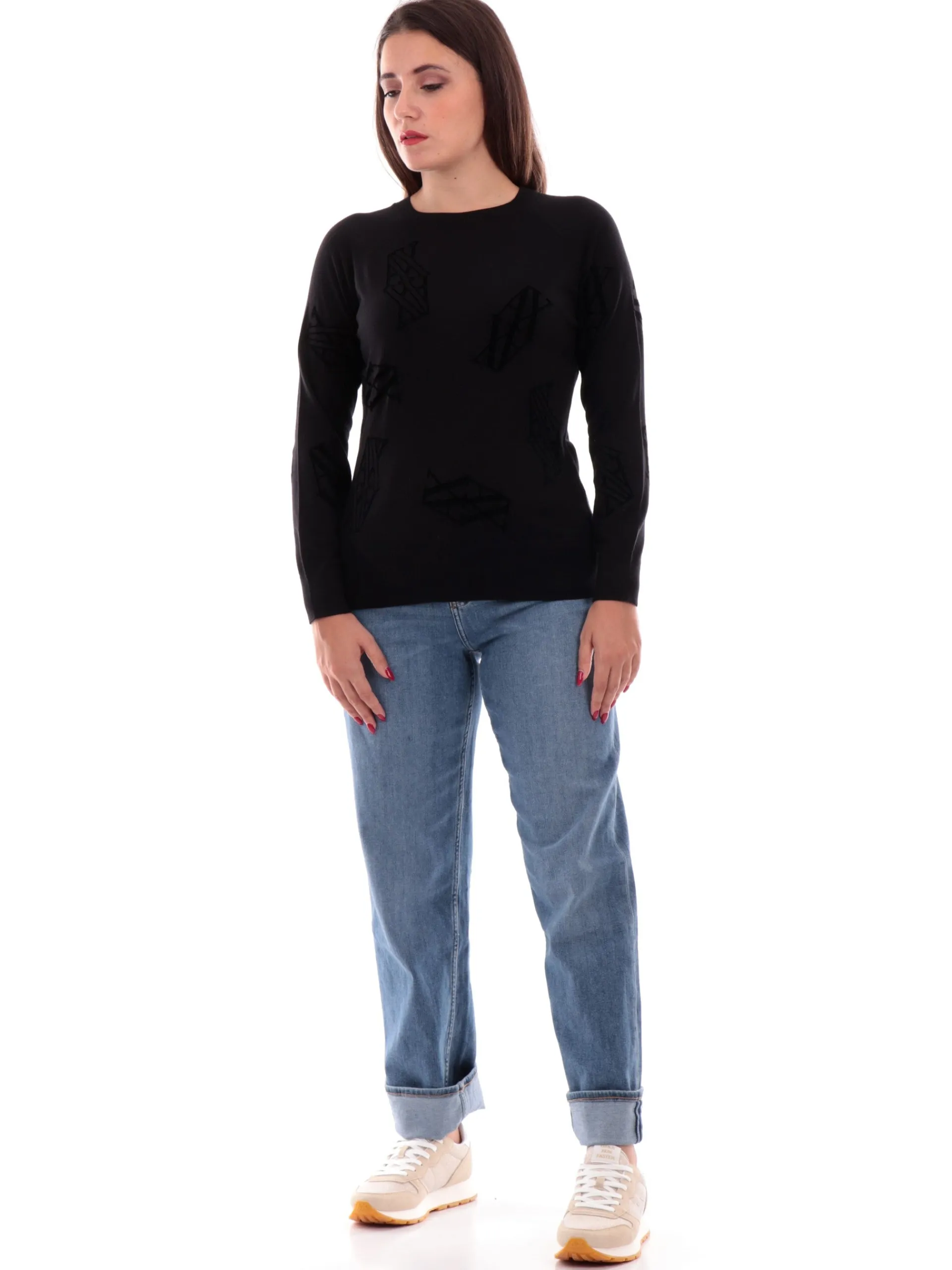 ARMANI EXCHANGE Maglie*Maglia nera da donna loghi velluto AX pullover 6DYM1AYMP7Z