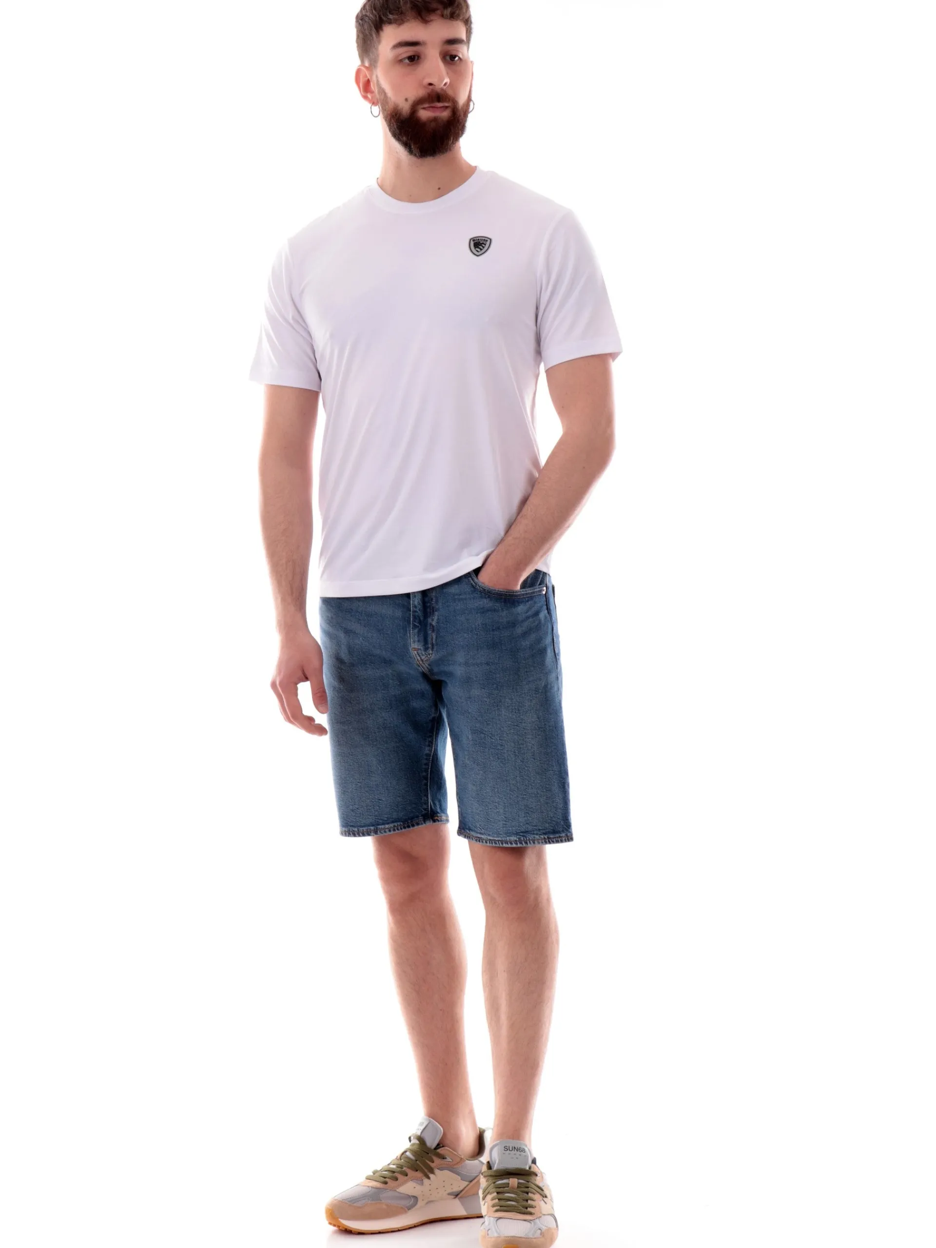 BLAUER T-Shirt*Maglia uomo bianca tessuto tecnico strech logo patch gommato H02109006526
