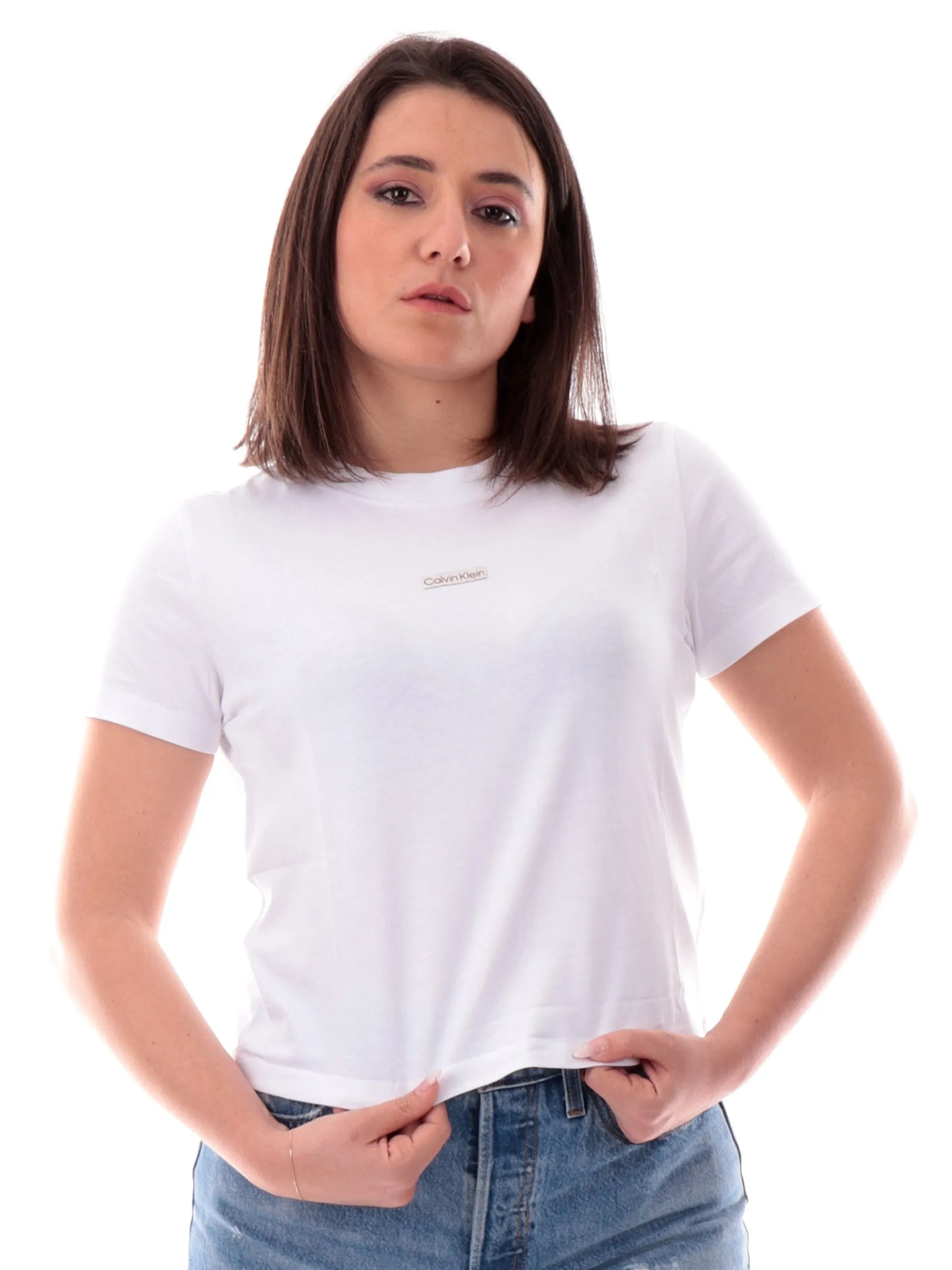 CALVIN KLEIN T-Shirt*Maglia bianca girocollo da donna patch CK J20J225524 YAA