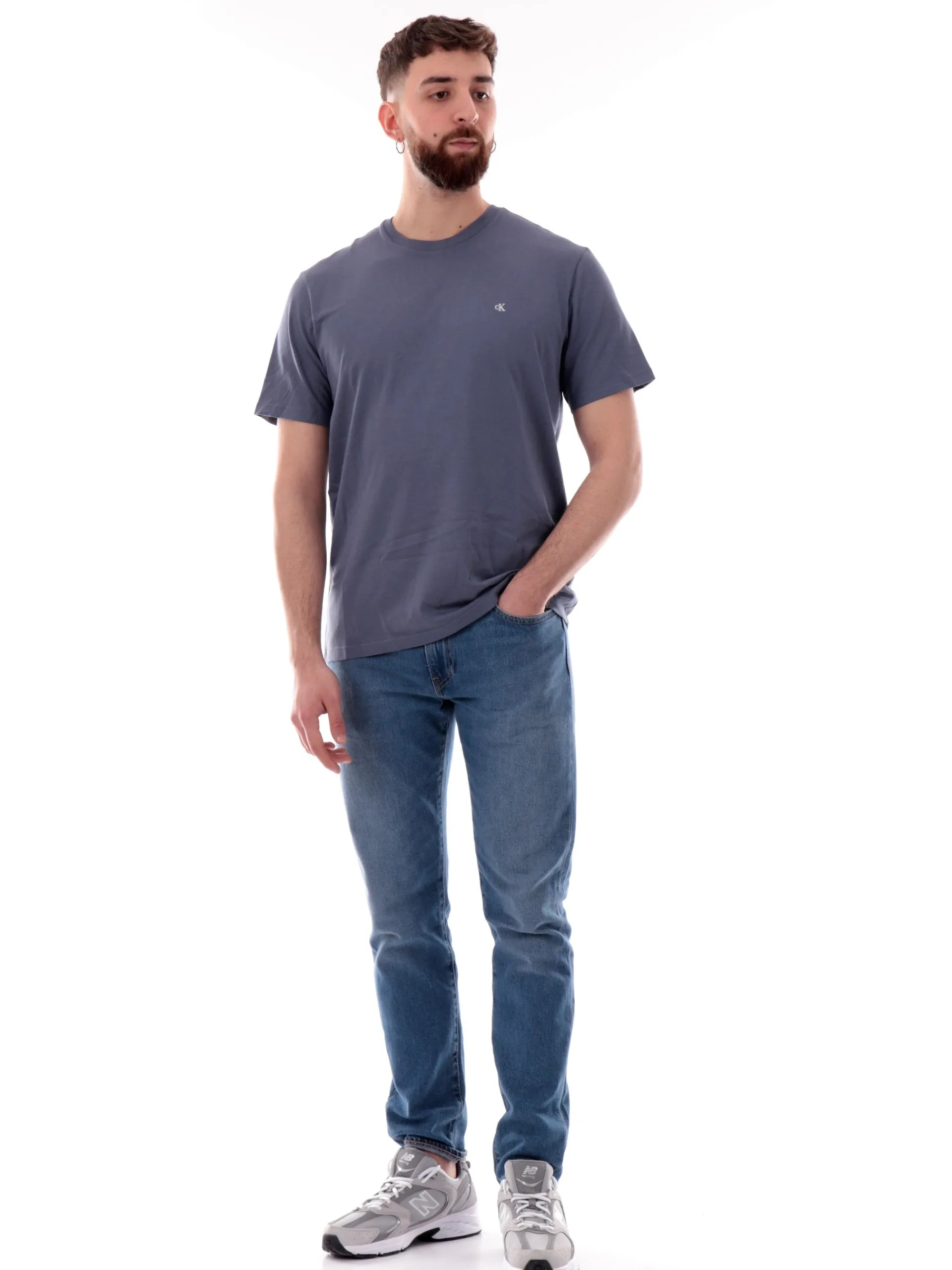 CALVIN KLEIN T-Shirt*Maglia blu girocollo da uomo logo CK ricamato LV040HM265 FCG