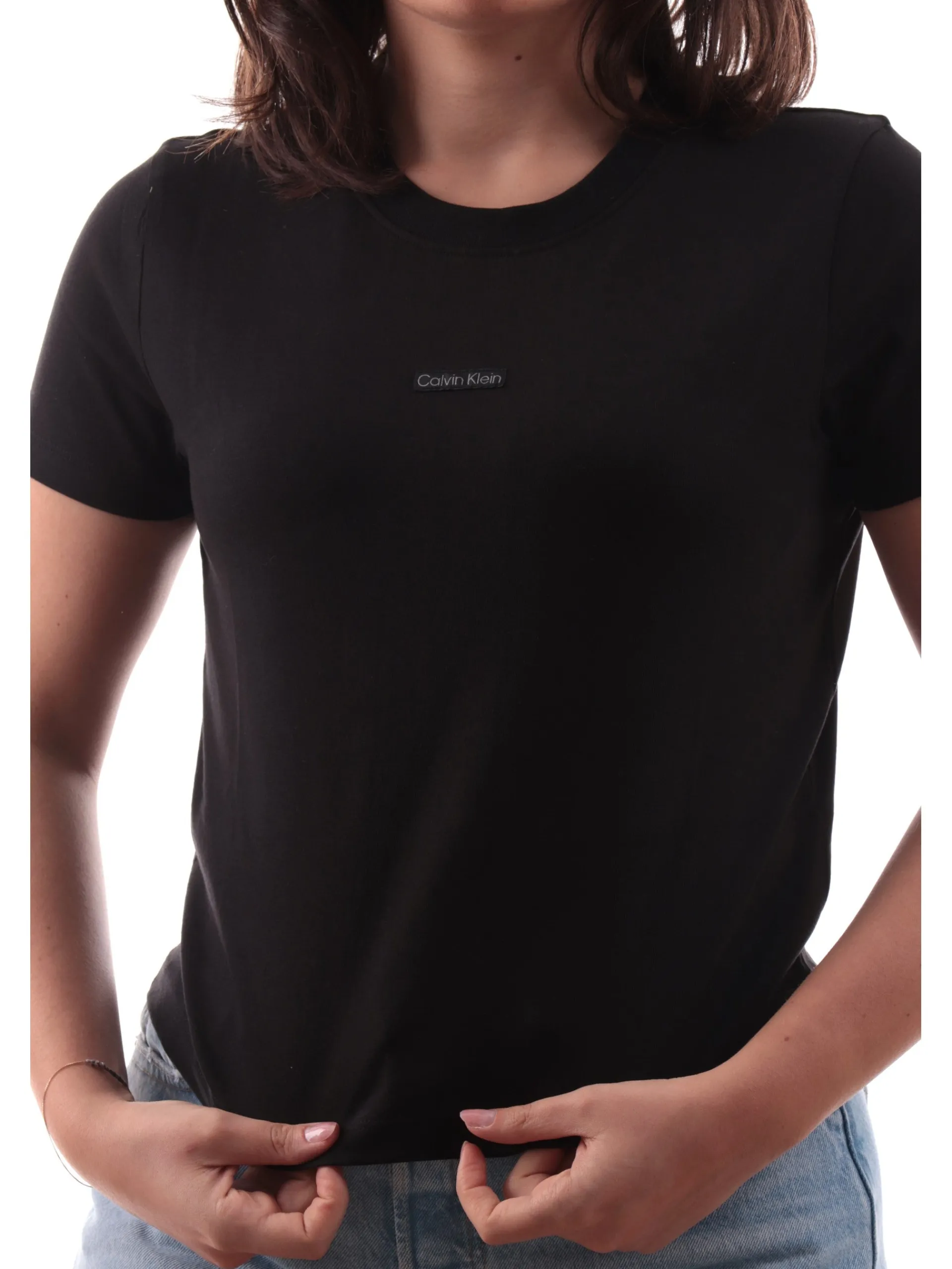 CALVIN KLEIN T-Shirt*Maglia nera girocollo da donna patch CK Baby J20J225524