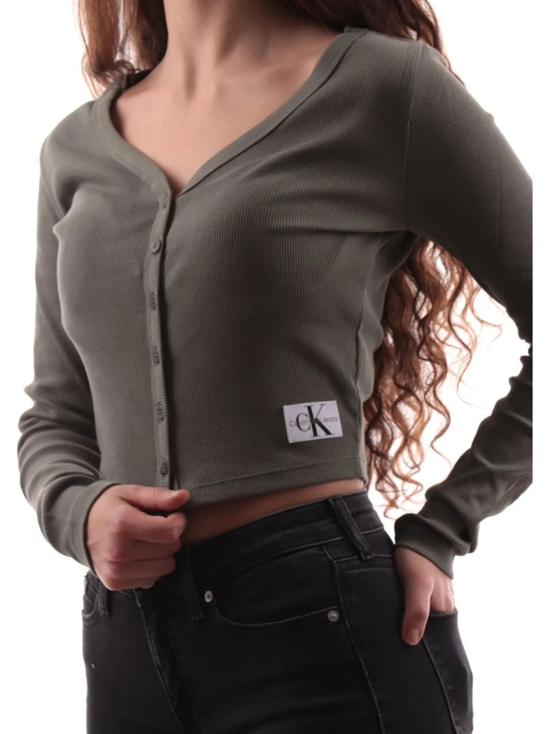 CALVIN KLEIN Maglie*Maglia Verde Militare Crop J20J222570