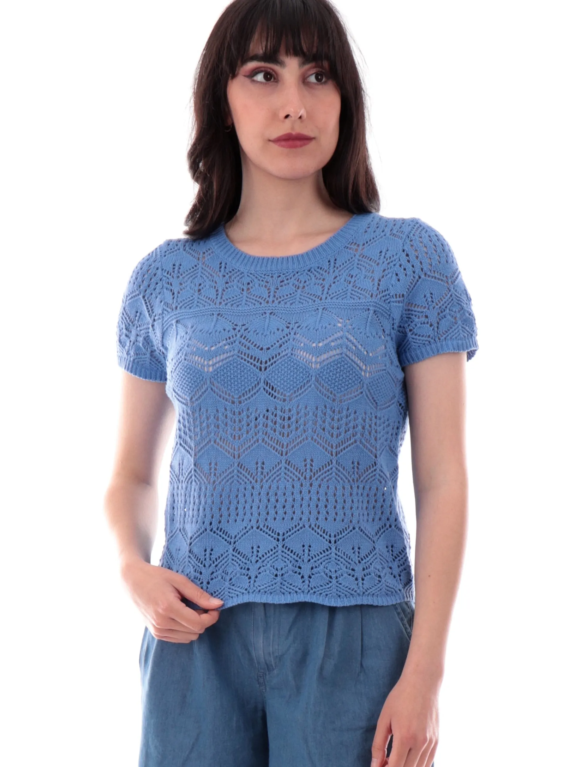 MOLLYBRACKEN Maglie*Maglia crop Molly Bracken da donna blu uncinetto top macramè E1732DPBLUE