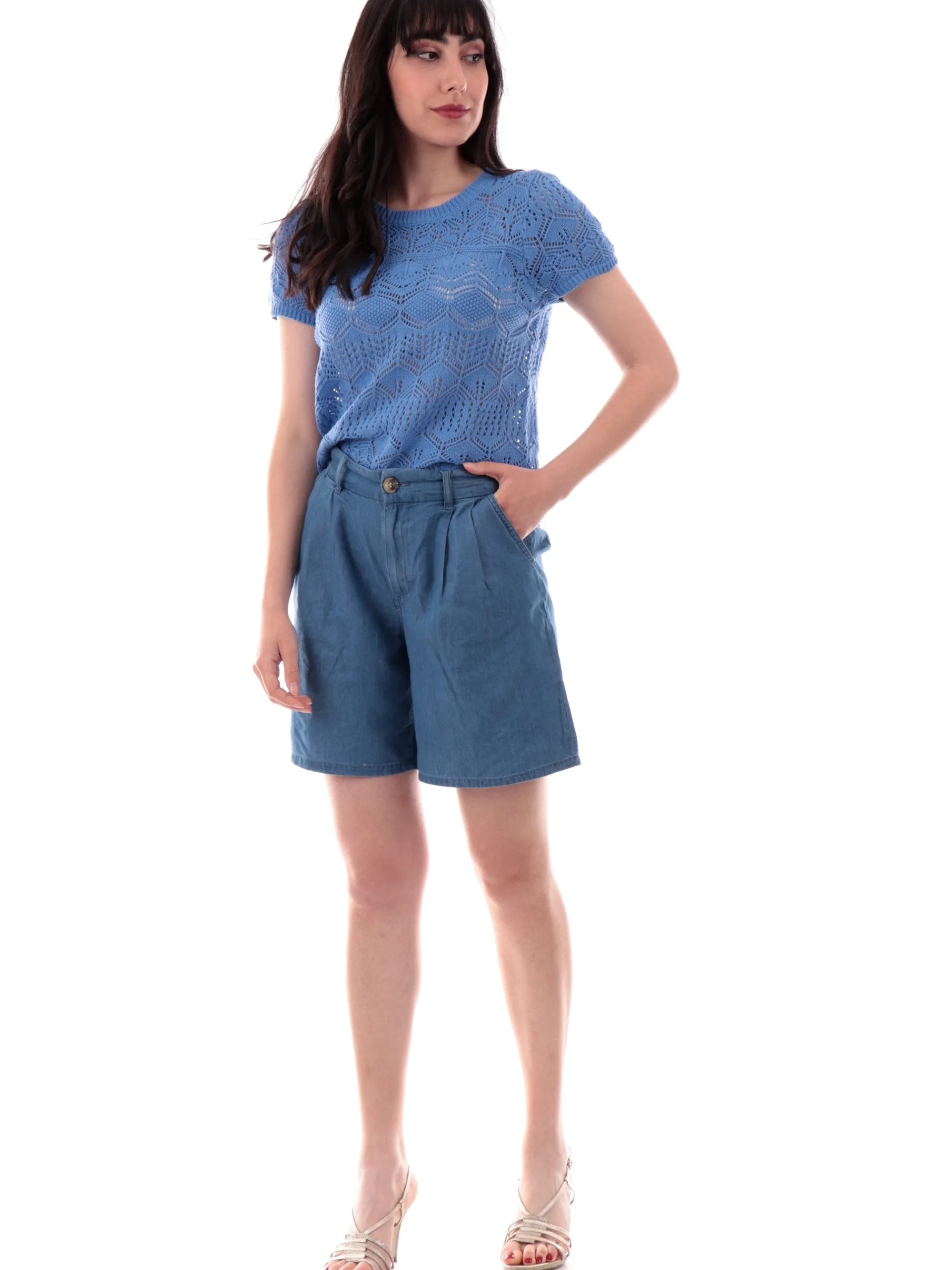 MOLLYBRACKEN Maglie*Maglia crop Molly Bracken da donna blu uncinetto top macramè E1732DPBLUE