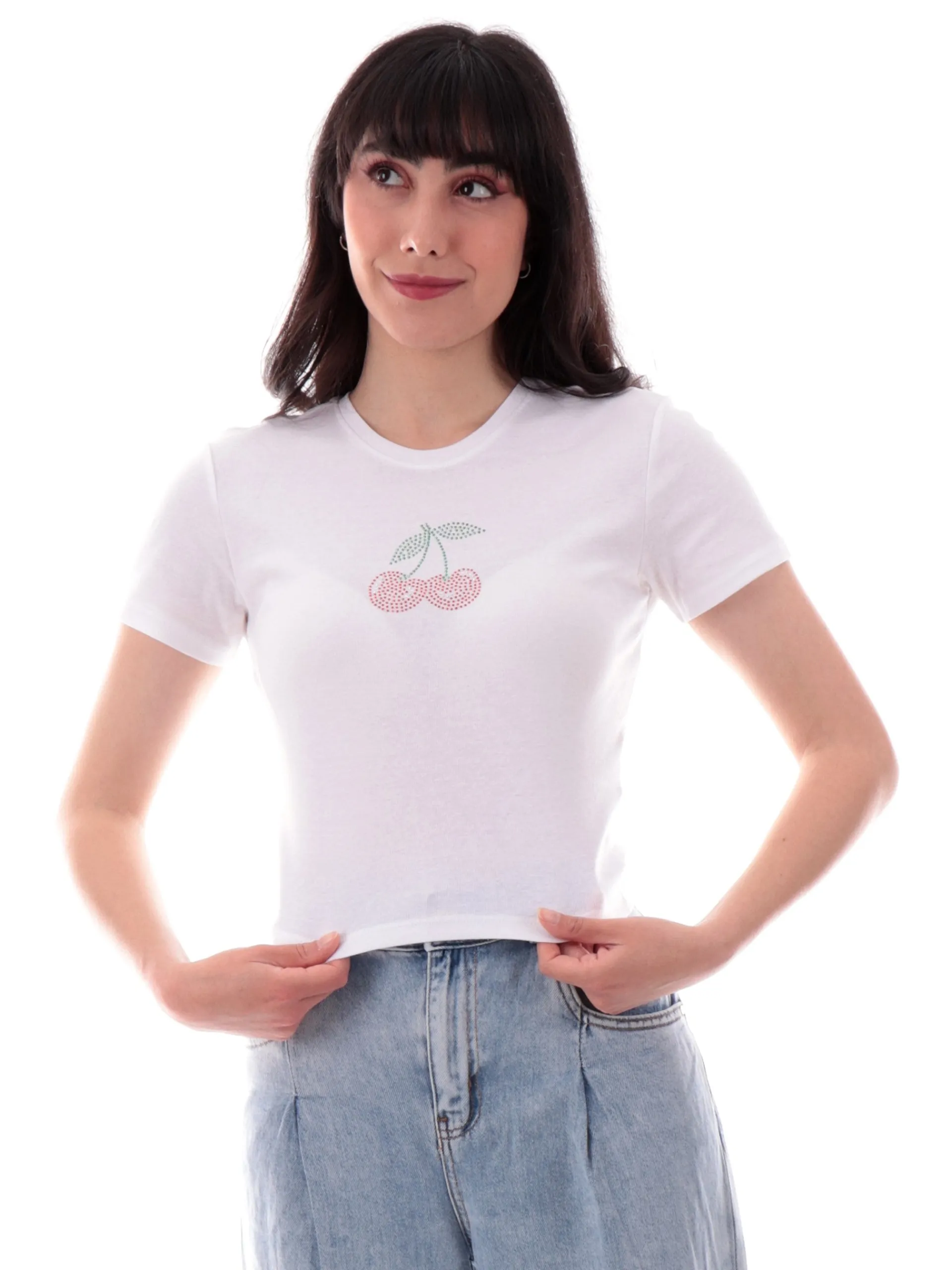 ONLY Maglie*Maglia crop bianca da donna ciliegia con strass 15346419