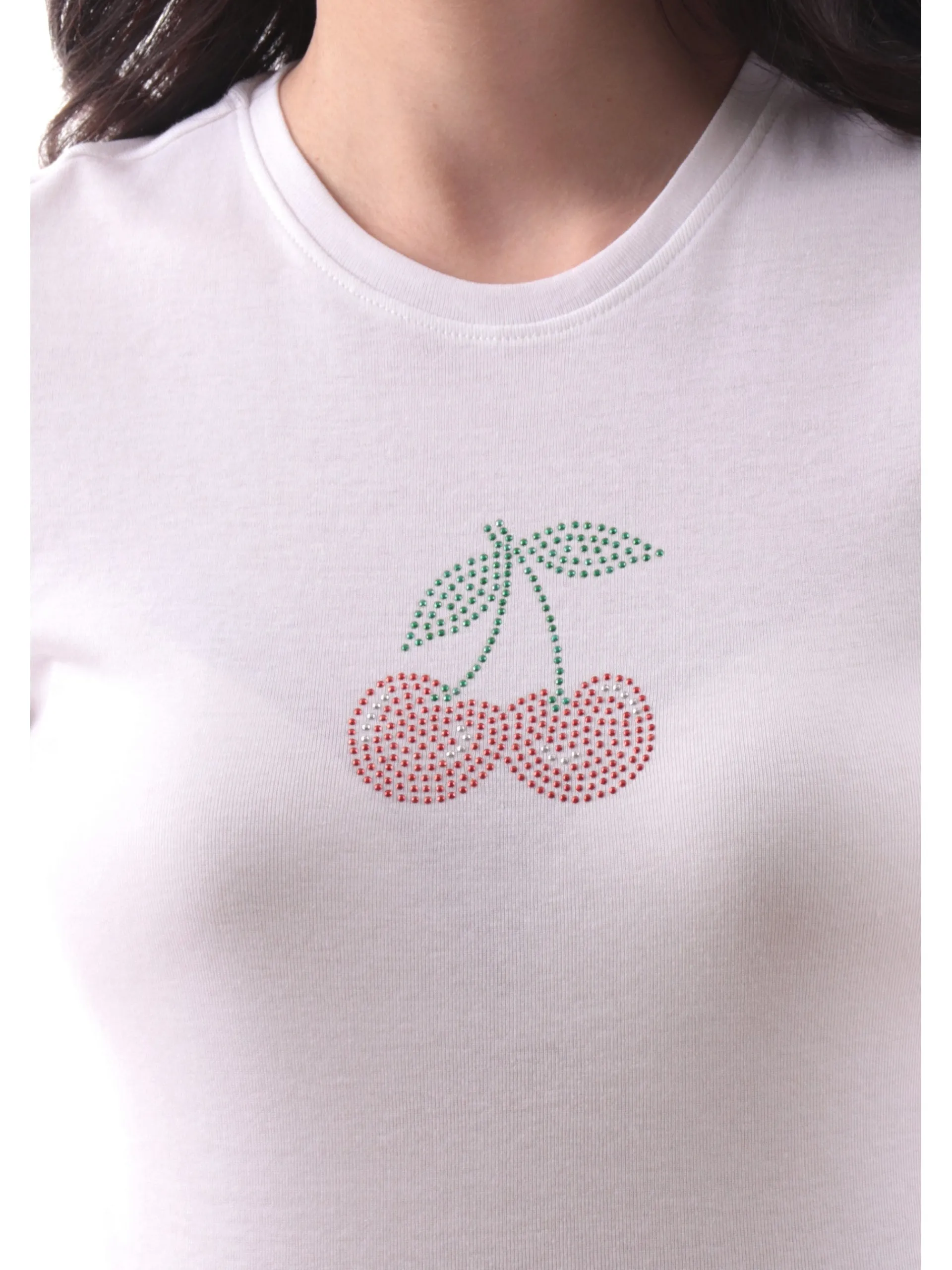 ONLY Maglie*Maglia crop bianca da donna ciliegia con strass 15346419