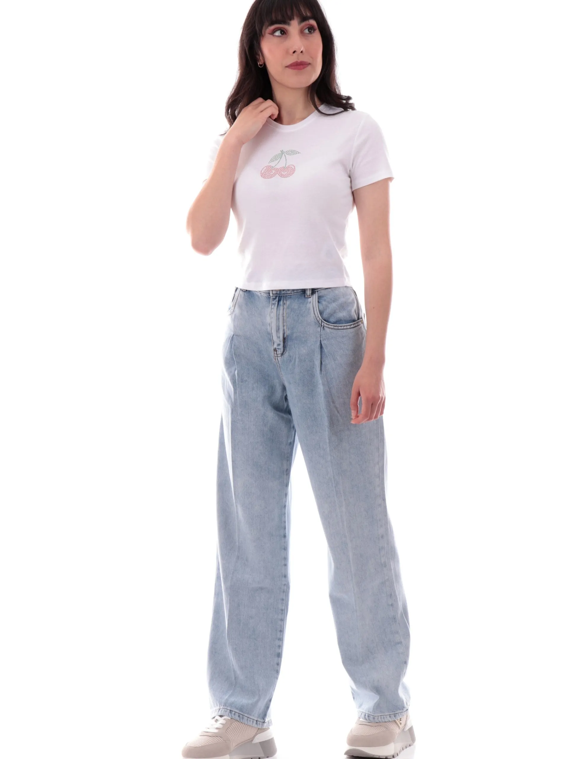 ONLY Maglie*Maglia crop bianca da donna ciliegia con strass 15346419