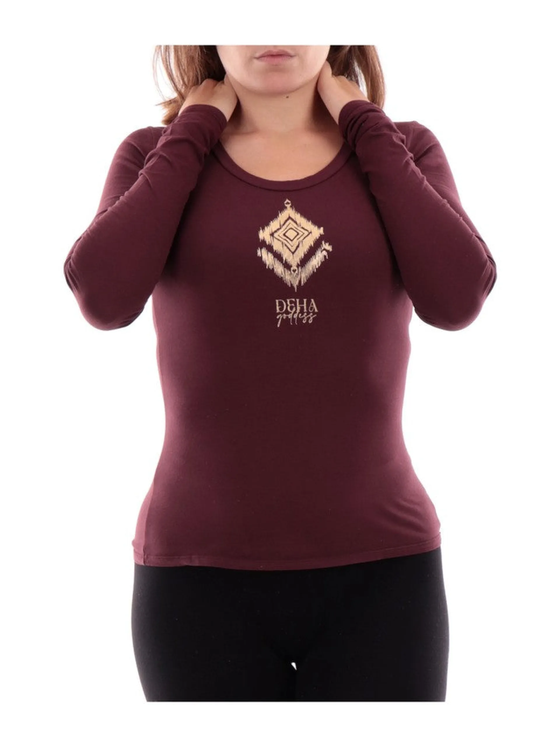 DEHA T-Shirt*Maglia Bordeaux donna a Maniche Lunghe con stampa oro D9312