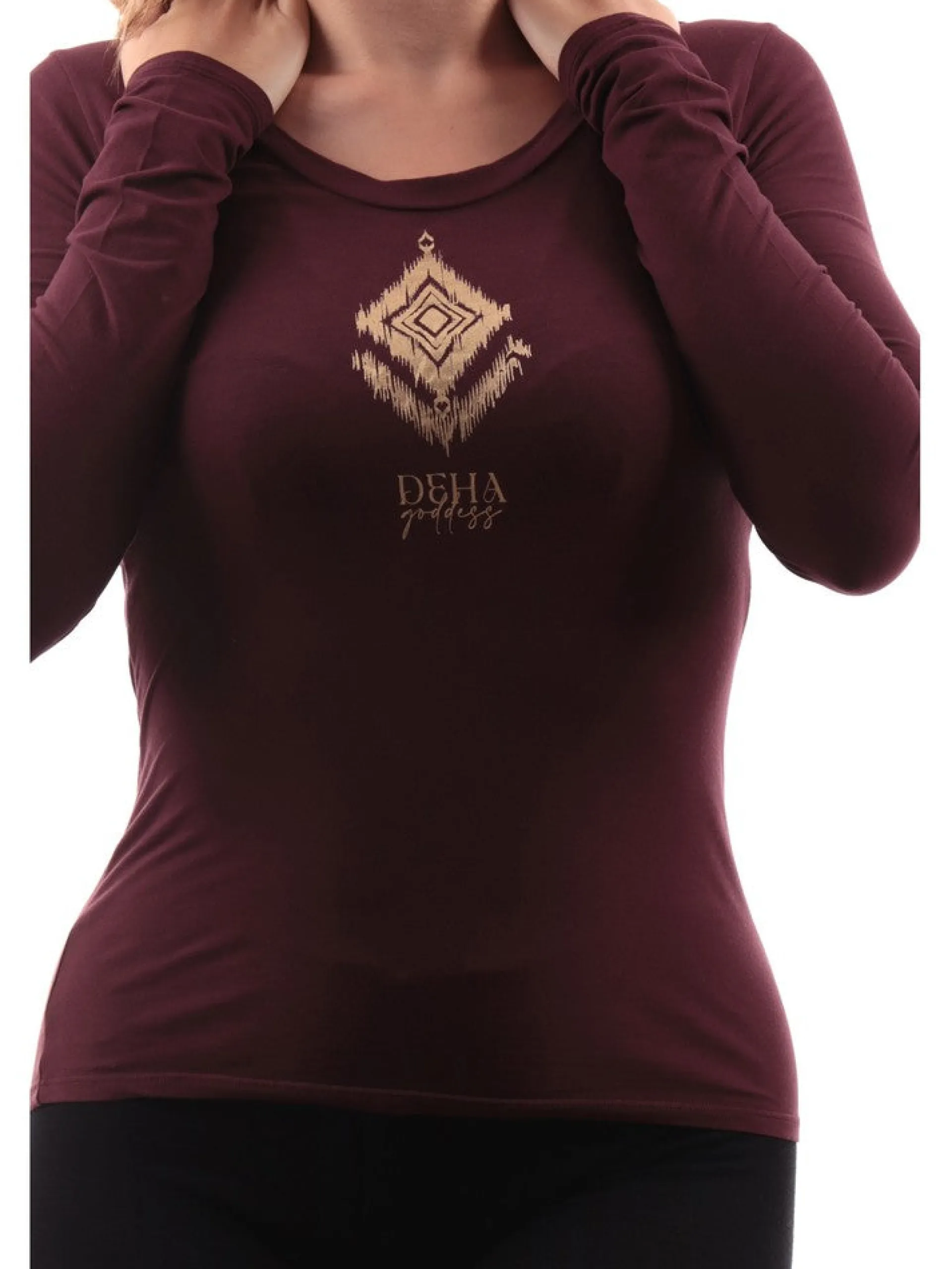 DEHA T-Shirt*Maglia Bordeaux donna a Maniche Lunghe con stampa oro D9312