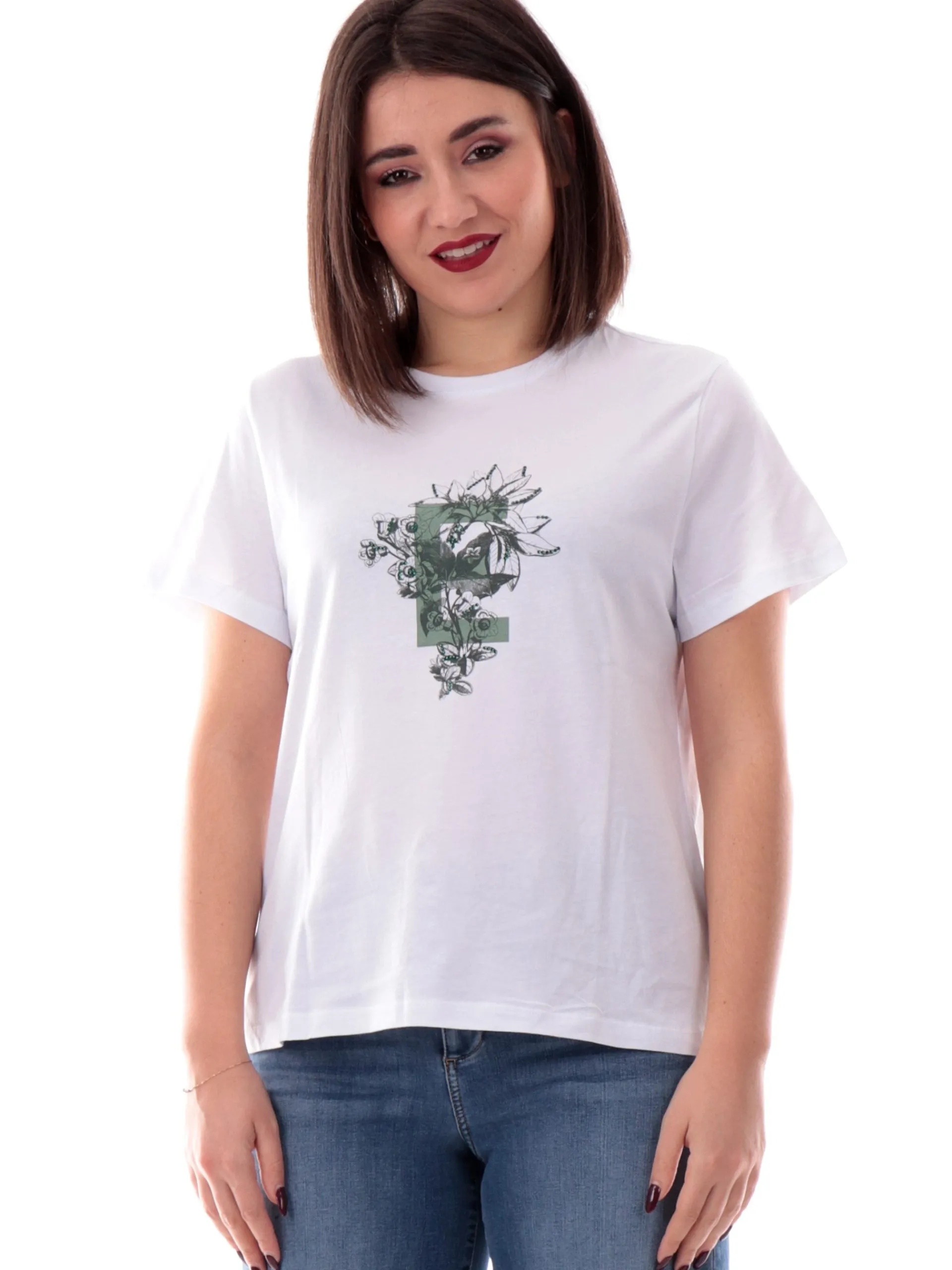 EMME MARELLA T-Shirt*Maglia bianca girocollo da donna stampa con strass FOGLIA