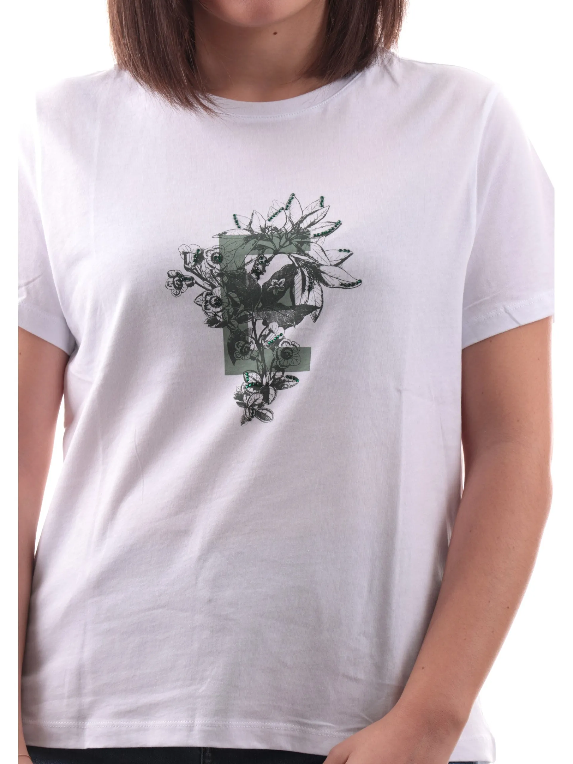 EMME MARELLA T-Shirt*Maglia bianca girocollo da donna stampa con strass FOGLIA