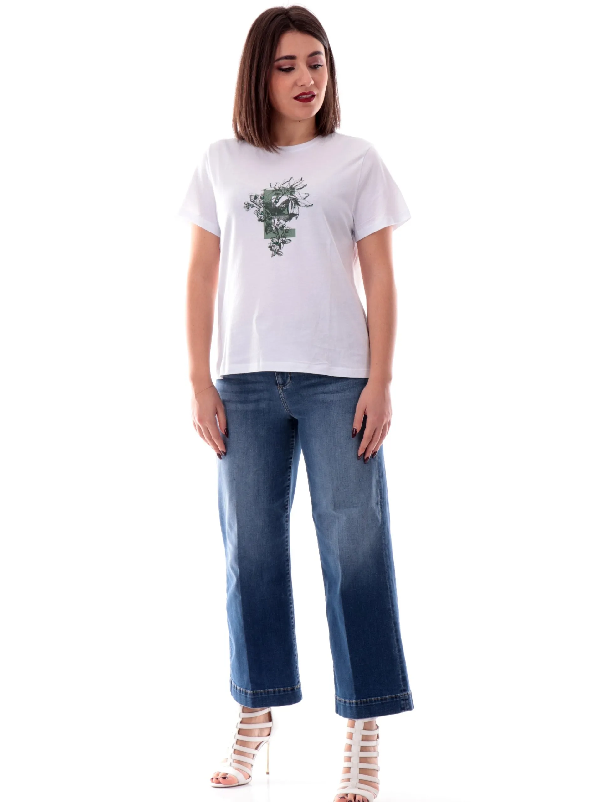 EMME MARELLA T-Shirt*Maglia bianca girocollo da donna stampa con strass FOGLIA