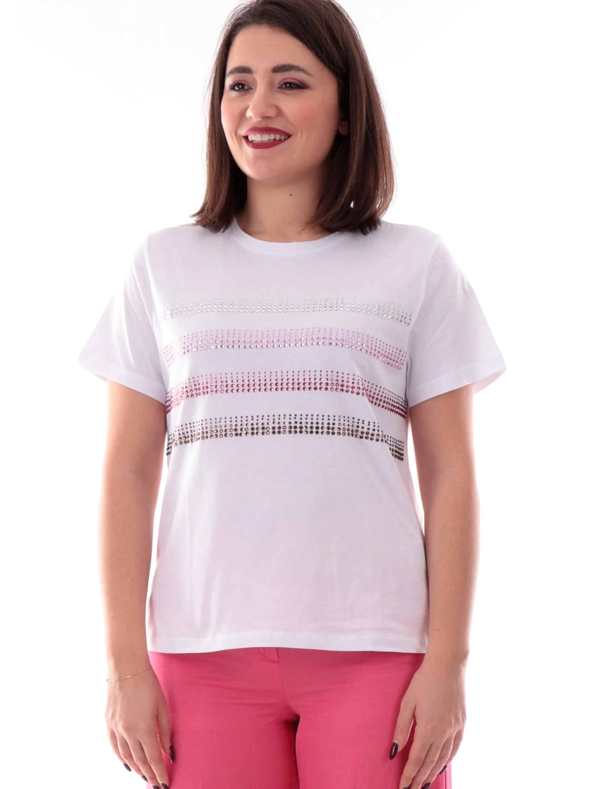 EMME MARELLA T-Shirt*Maglia bianca girocollo da donna stampa con strass FOGLIA
