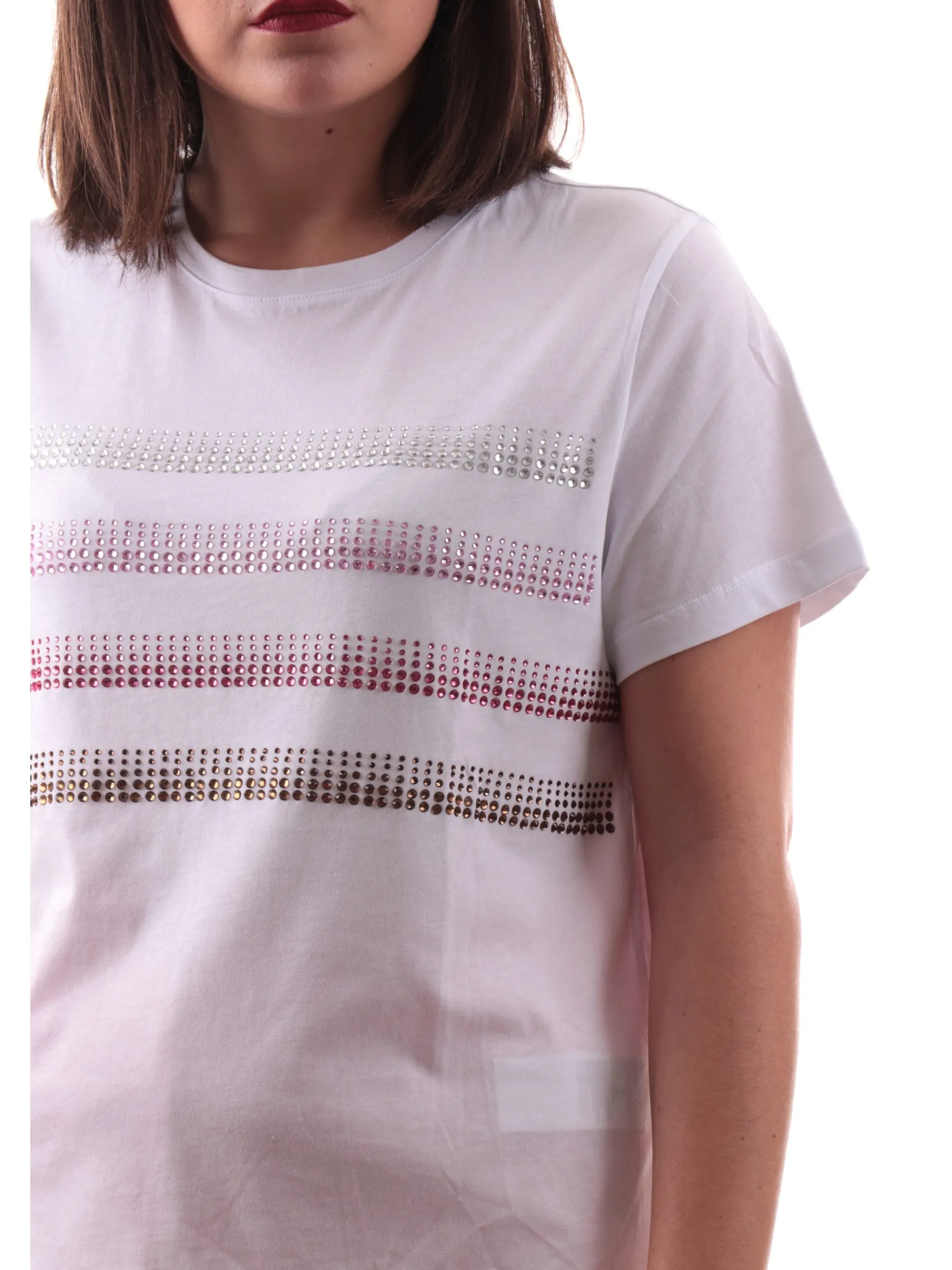 EMME MARELLA T-Shirt*Maglia bianca girocollo da donna stampa con strass FOGLIA