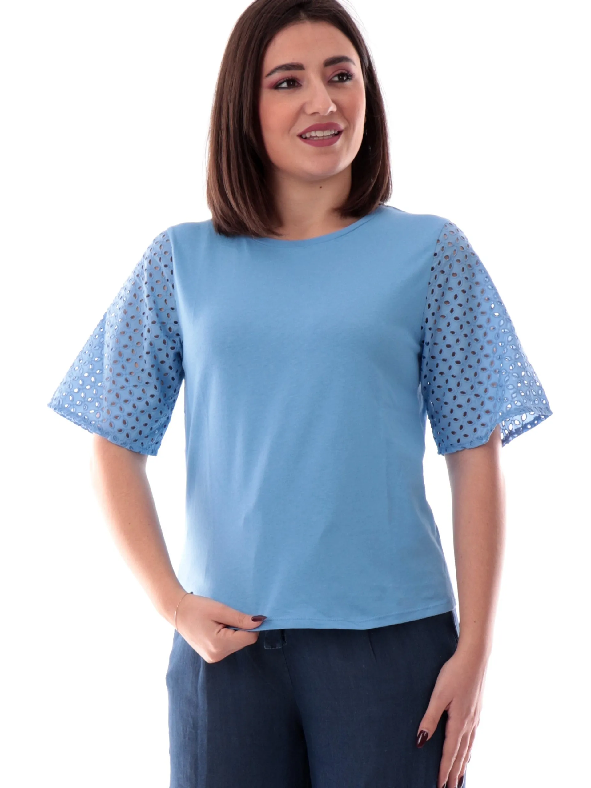 EMME MARELLA T-Shirt*Maglia celeste da donna maniche corte bucherellate EGER