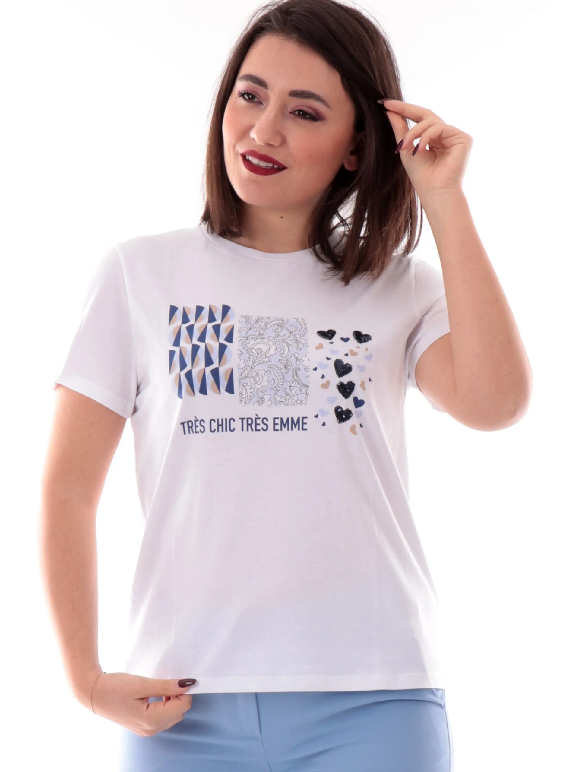 EMME MARELLA T-Shirt*Maglia girocollo bianca da donna stampa cuori con paillettes OVEST