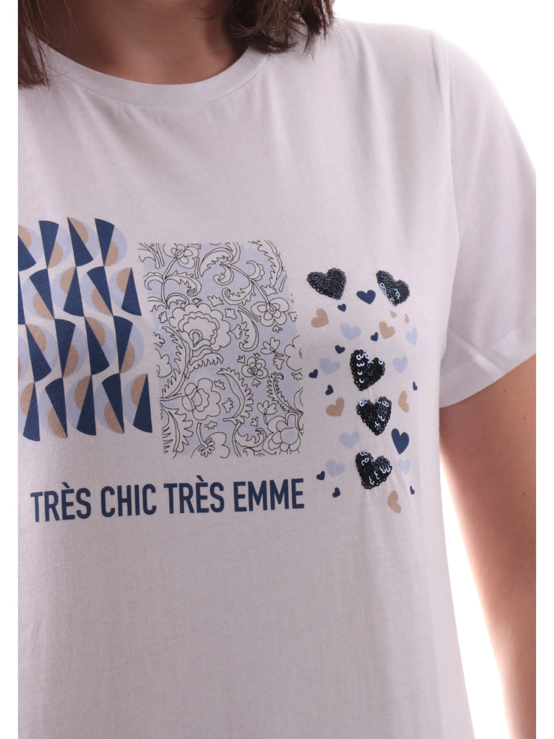 EMME MARELLA T-Shirt*Maglia girocollo bianca da donna stampa cuori con paillettes OVEST