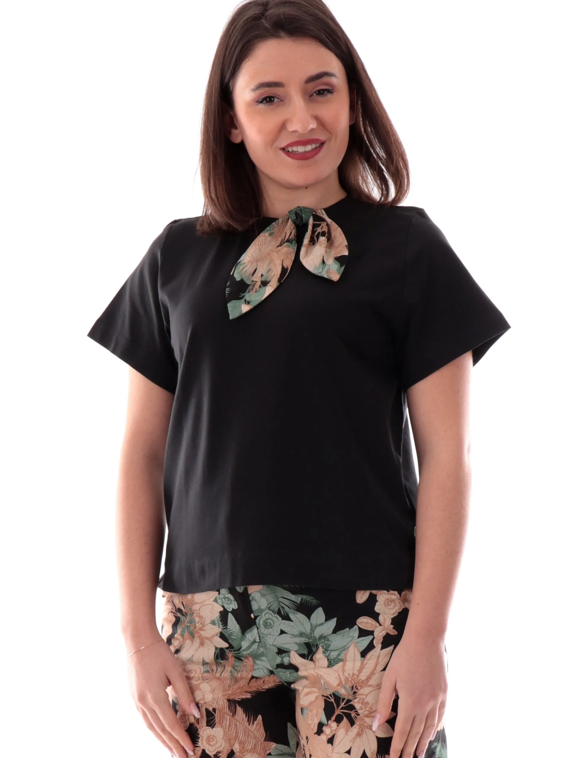 EMME MARELLA T-Shirt*Maglia nera da donna con nodo fantasia floreale ARONA