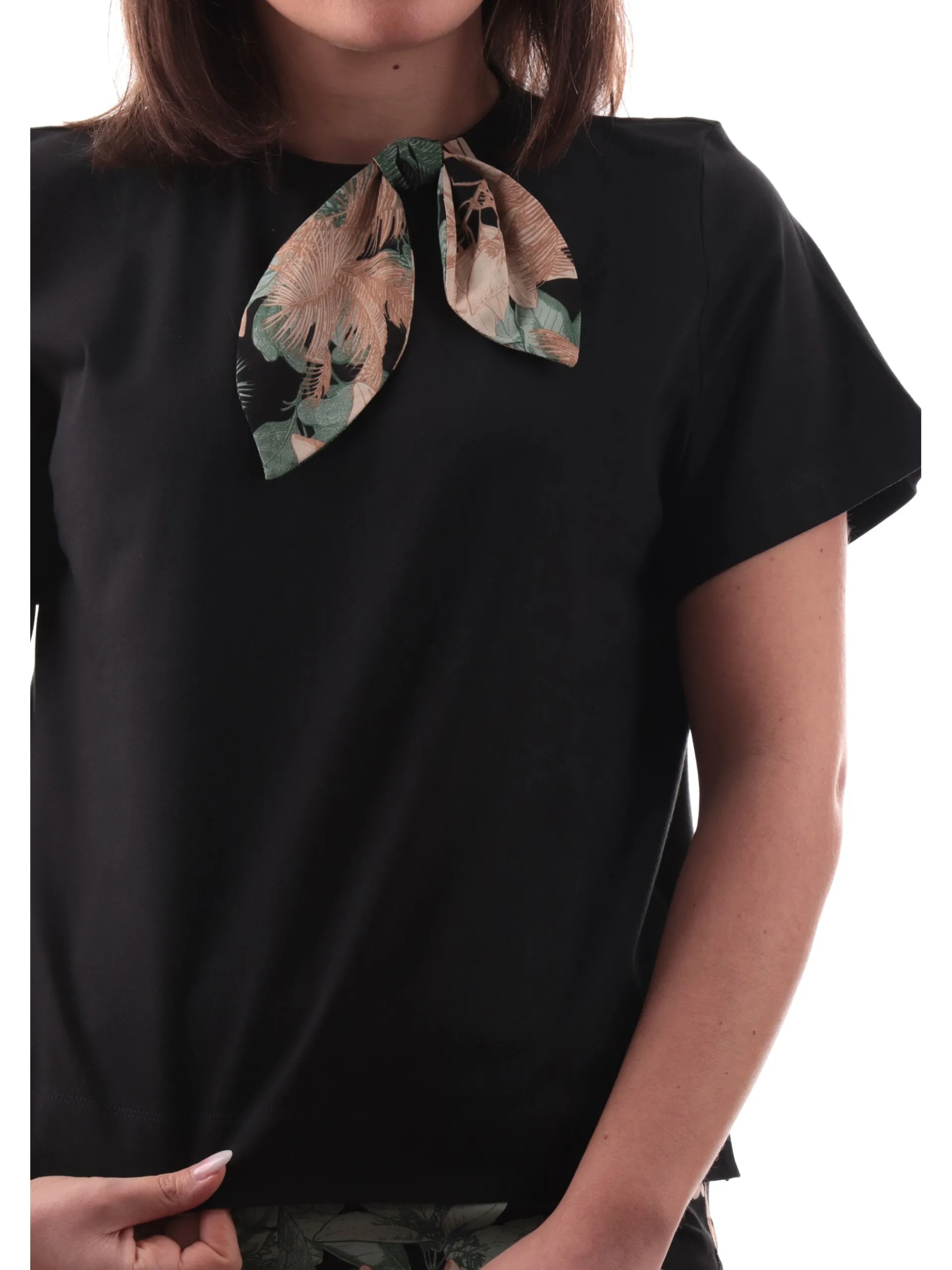 EMME MARELLA T-Shirt*Maglia nera da donna con nodo fantasia floreale ARONA