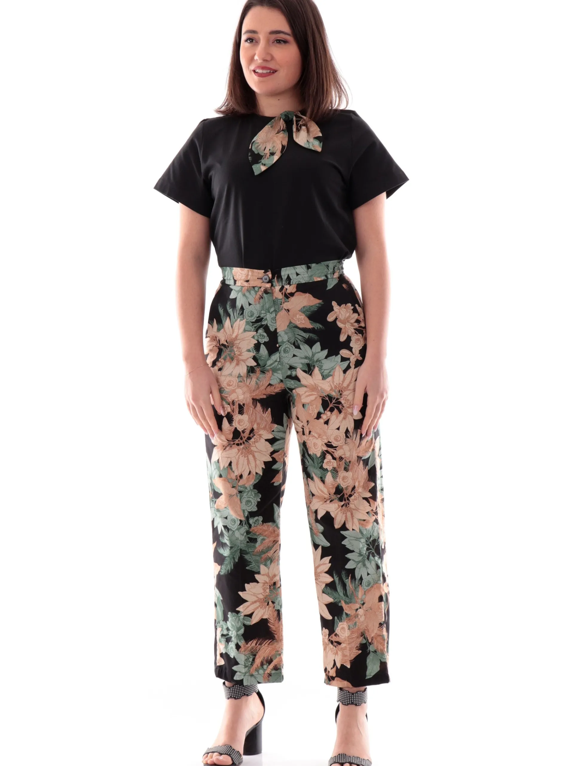 EMME MARELLA T-Shirt*Maglia nera da donna con nodo fantasia floreale ARONA