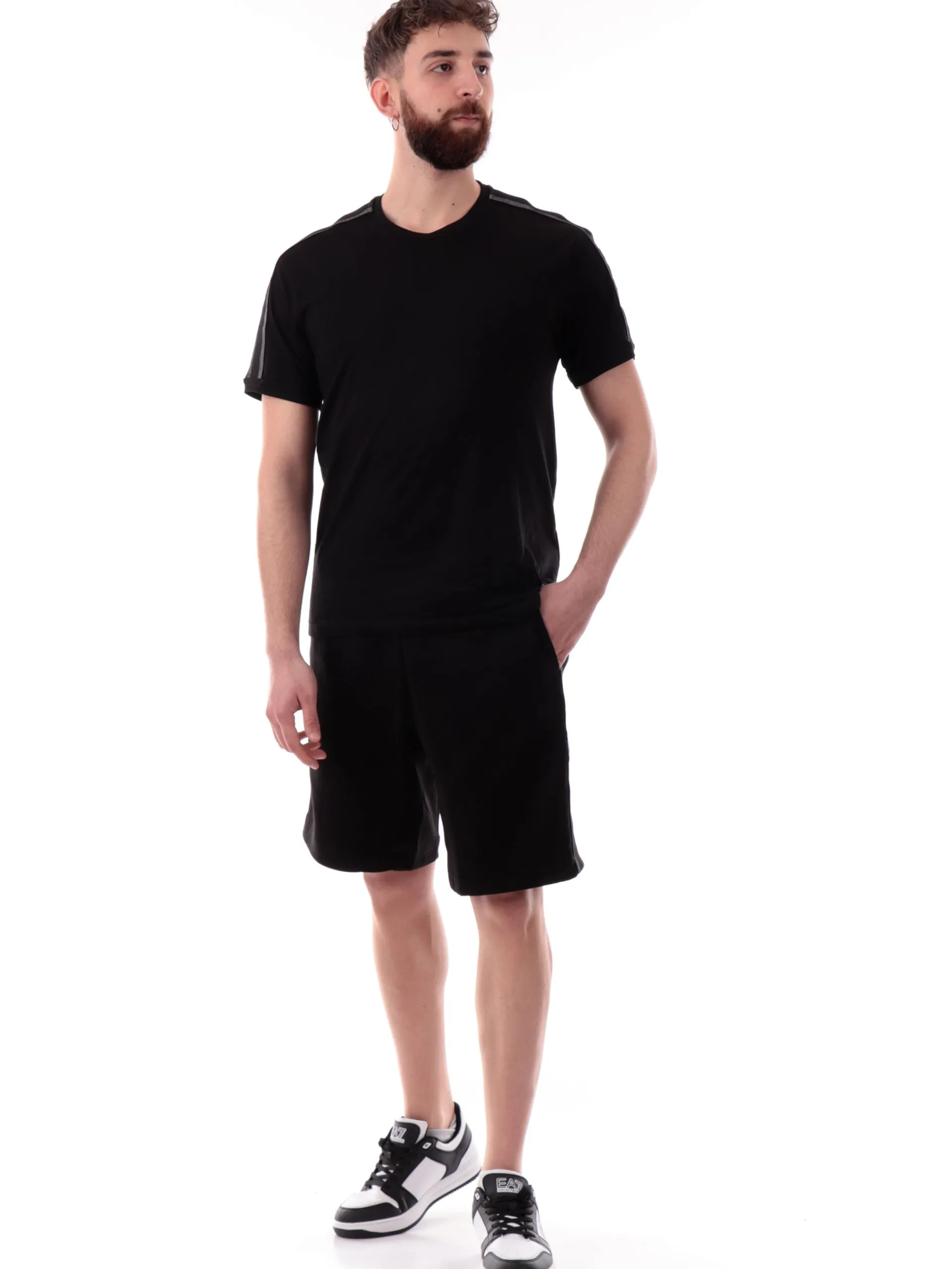 EMPORIO ARMANI 7 T-Shirt*Maglia Emporio Armani EA7 nera da uomo bande argento 7M000138AF10375