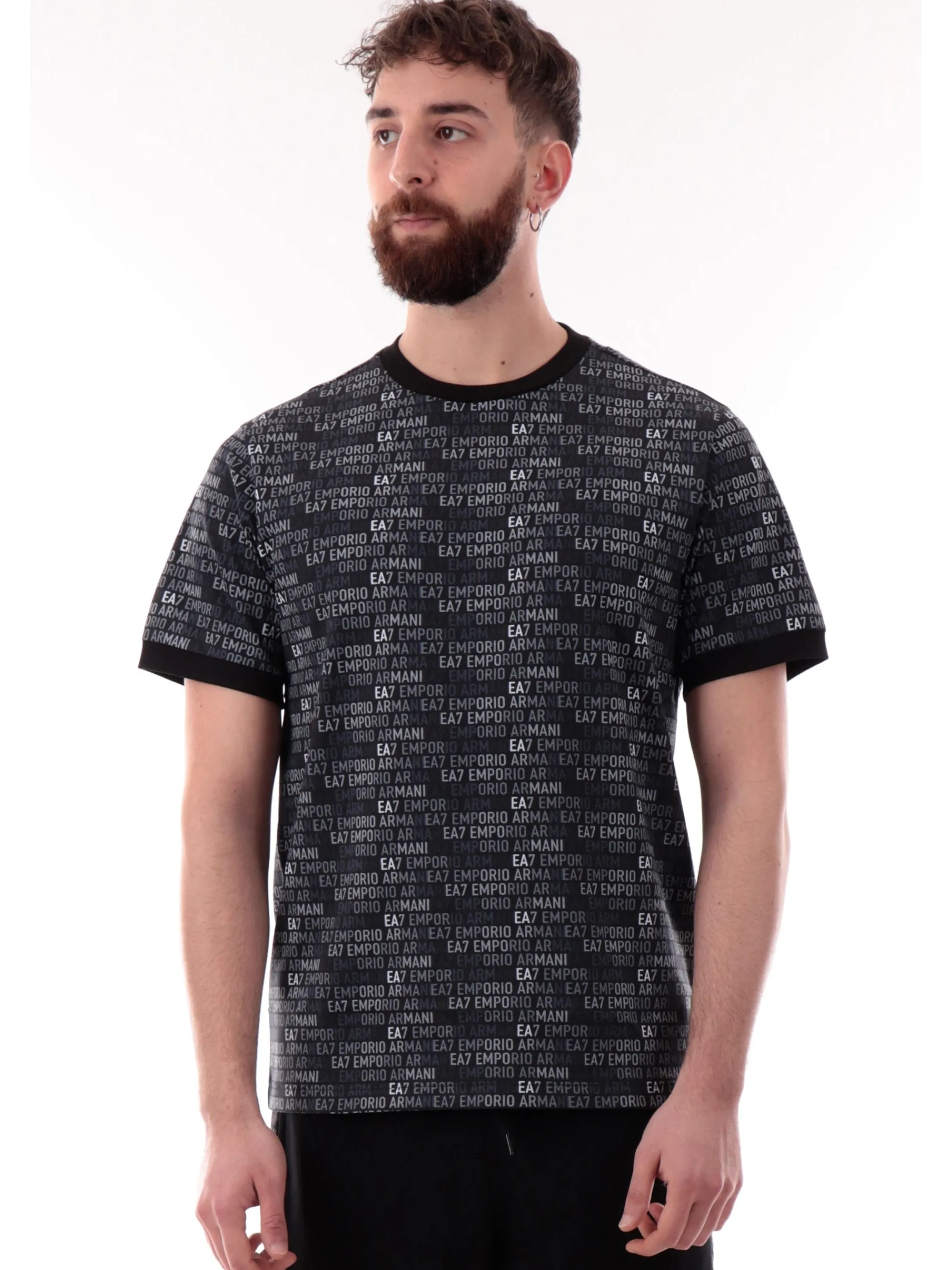 EMPORIO ARMANI 7 T-Shirt*Maglia Emporio Armani EA7 nera da uomo logo all over 7M000208AF12874