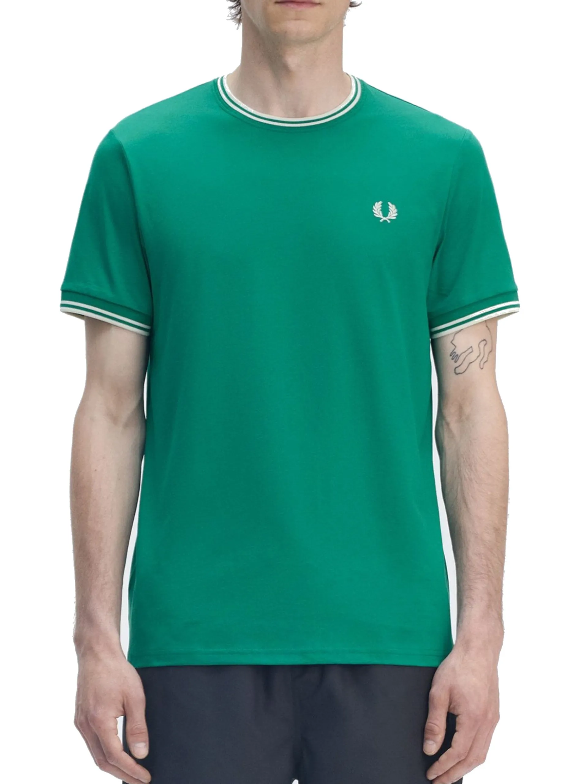 FRED PERRY T-Shirt*Maglia Twin Tipped verde da uomo bande bianche M1588