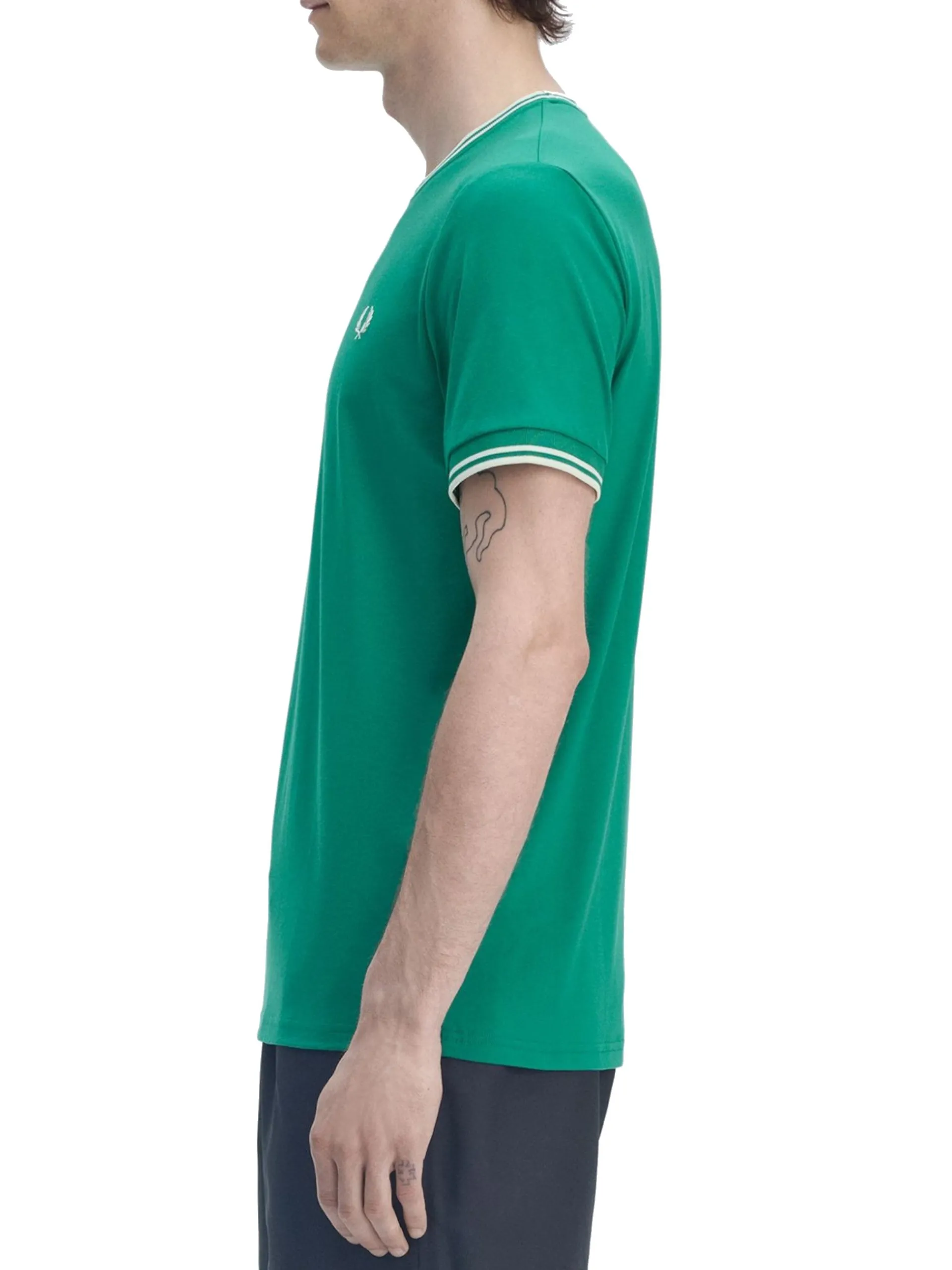 FRED PERRY T-Shirt*Maglia Twin Tipped verde da uomo bande bianche M1588