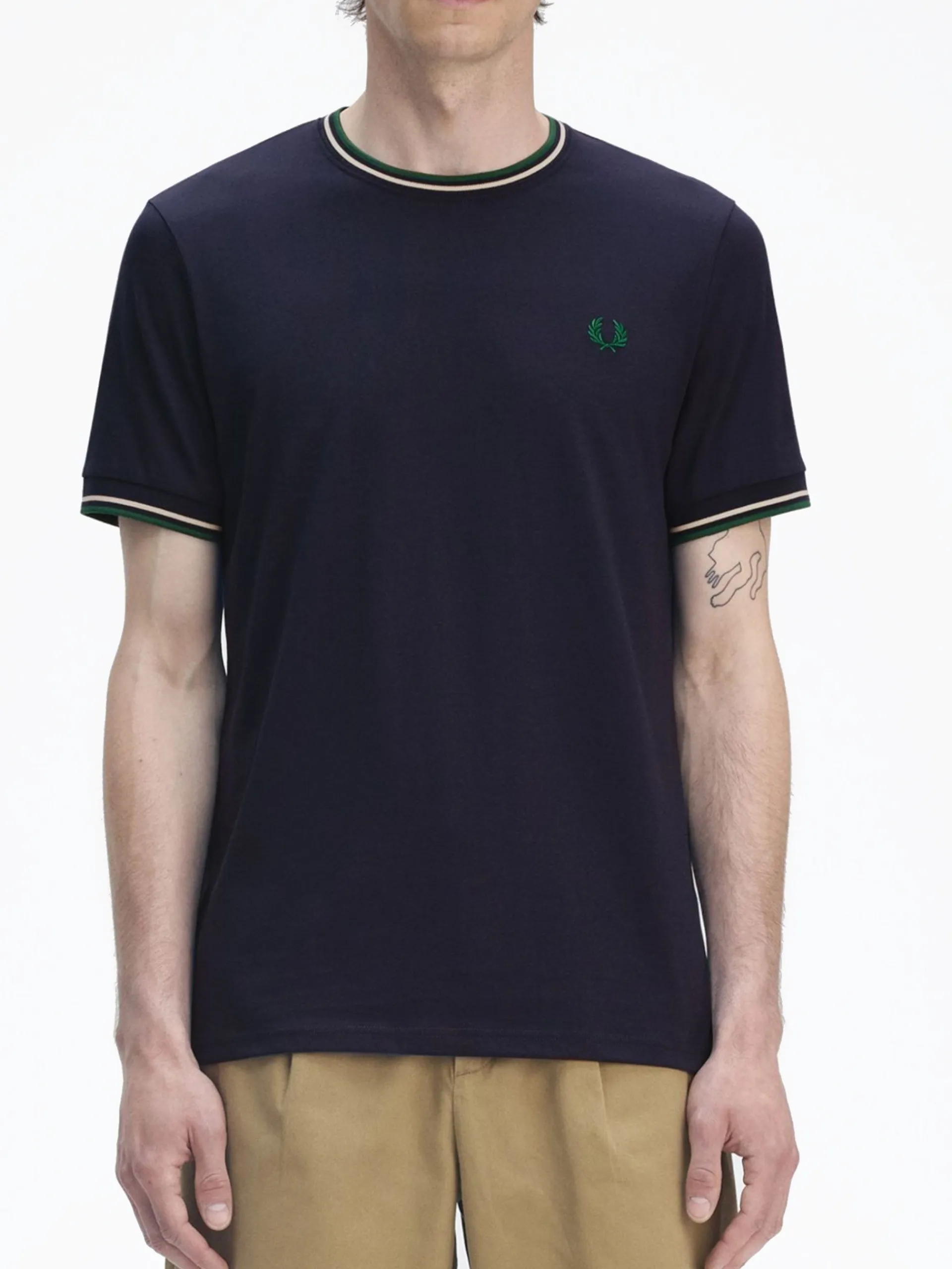 FRED PERRY T-Shirt*Maglia Twin Tipped blu da uomo bande bianche e verdi M1588 Y30