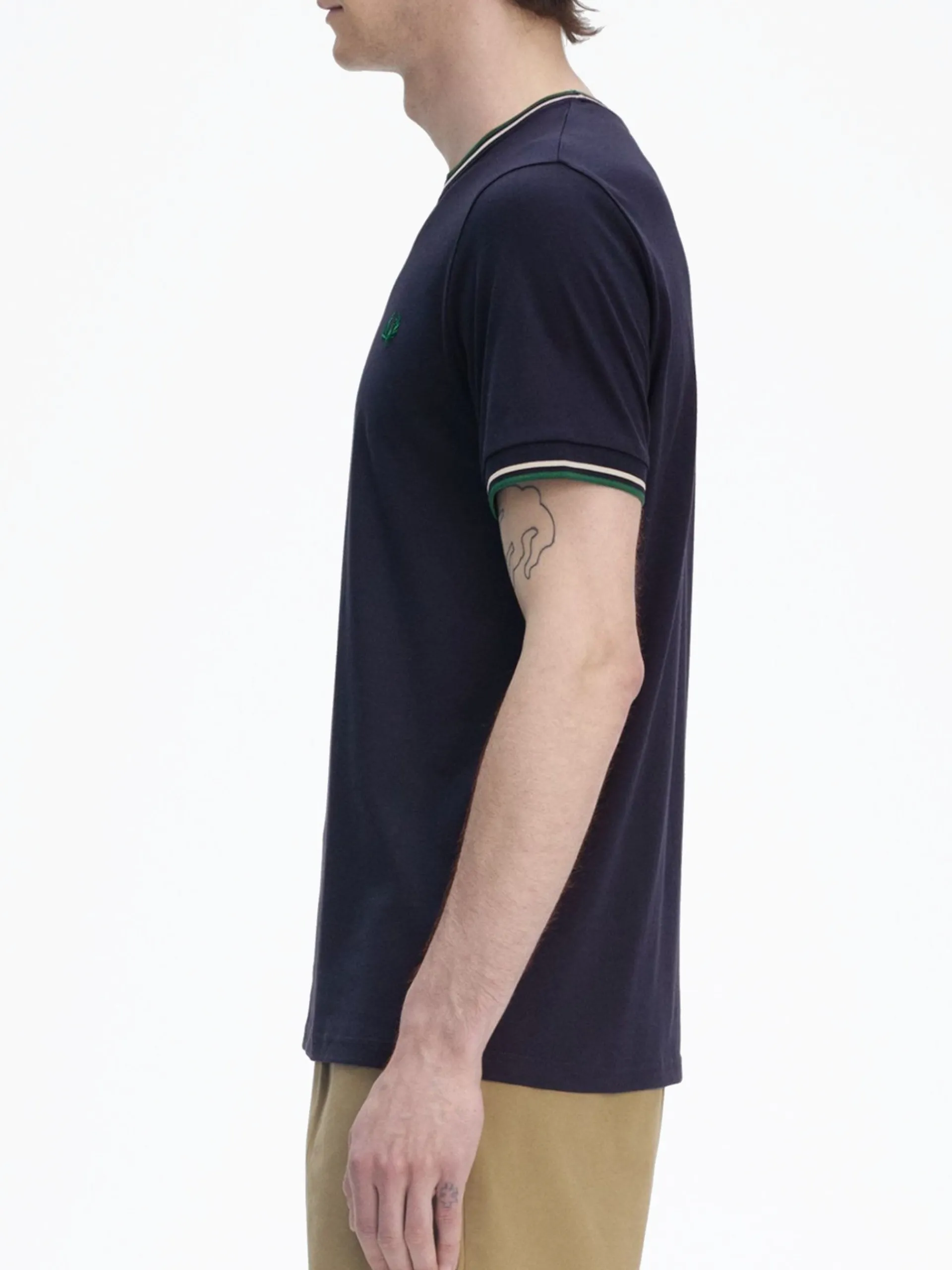 FRED PERRY T-Shirt*Maglia Twin Tipped blu da uomo bande bianche e verdi M1588 Y30