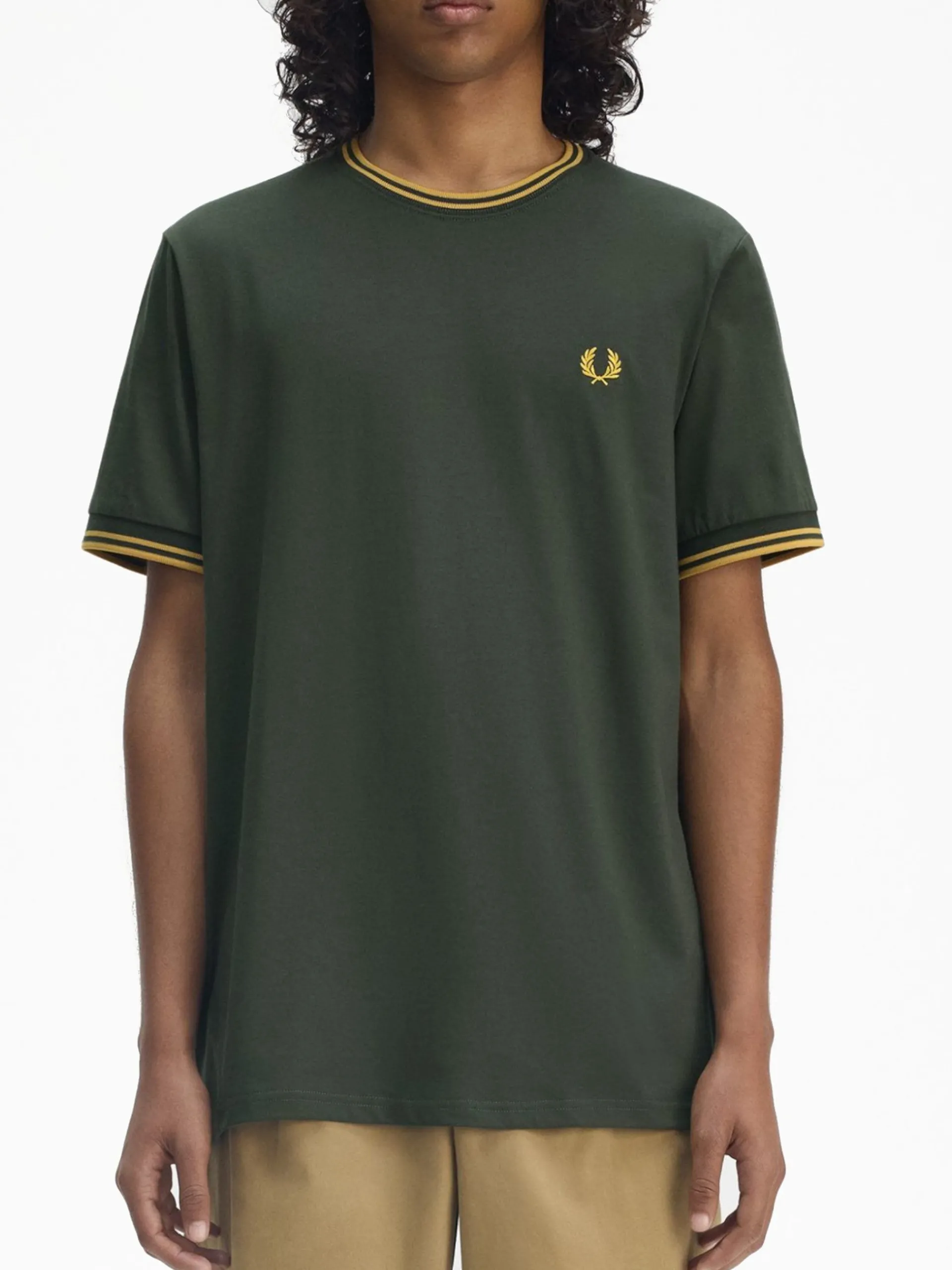 FRED PERRY T-Shirt*Maglia Twin Tipped verde da uomo bande oro M1588